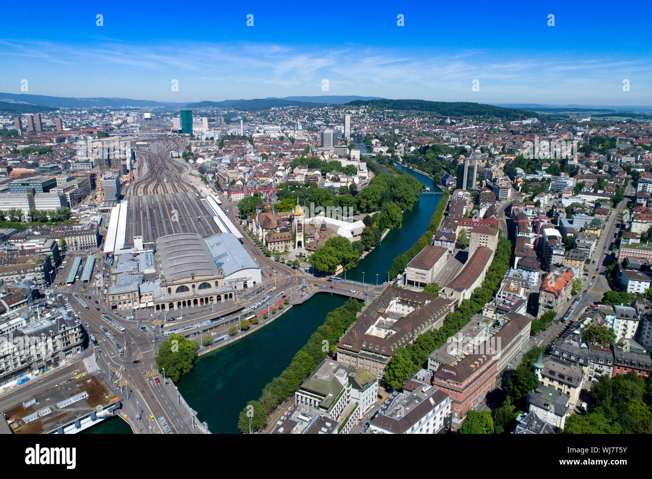 Aerial view of Zurich HB and Limmat Stock Photo Alamy