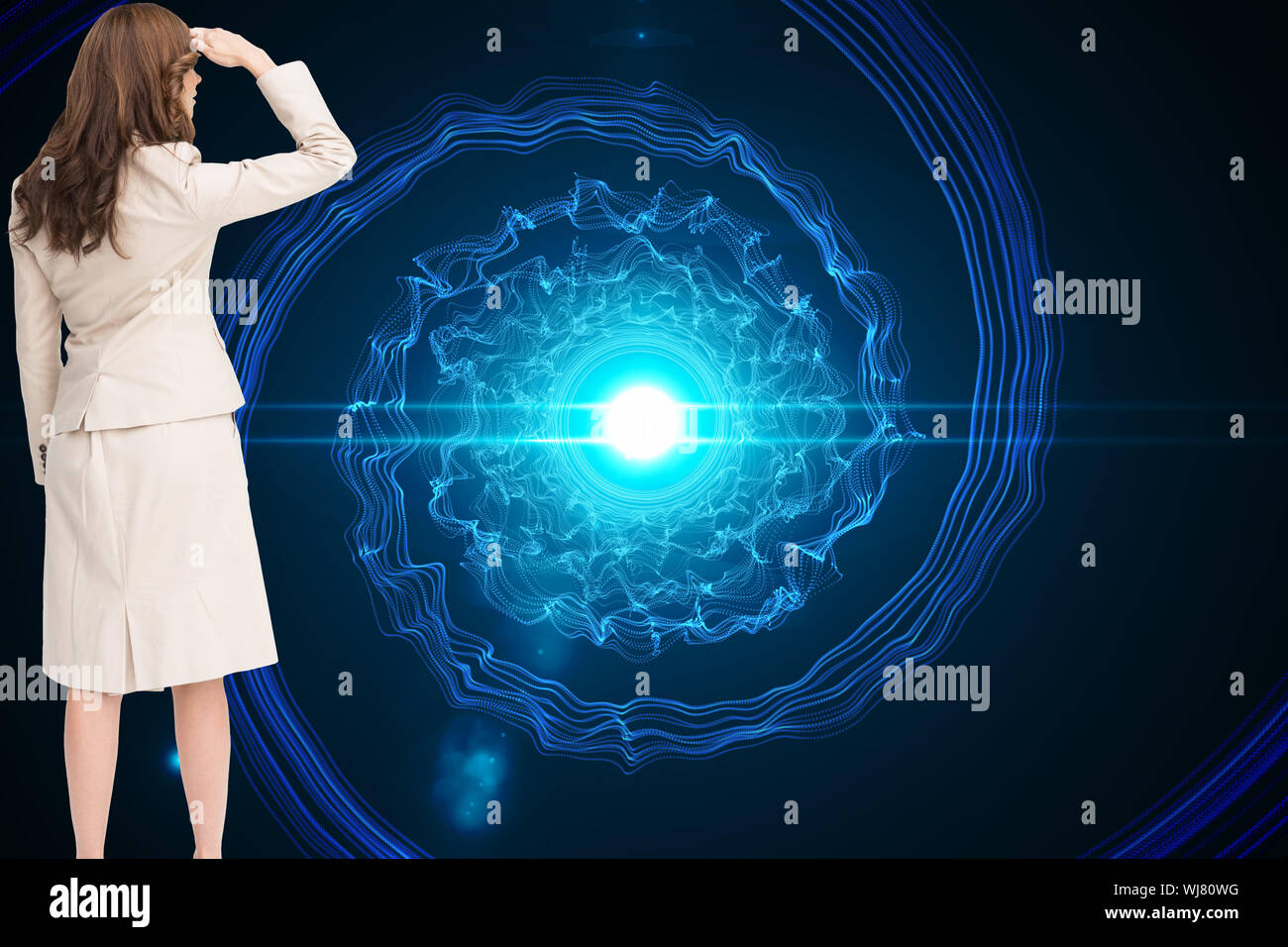 Composite image of rear view of young businesswoman looking away on ...