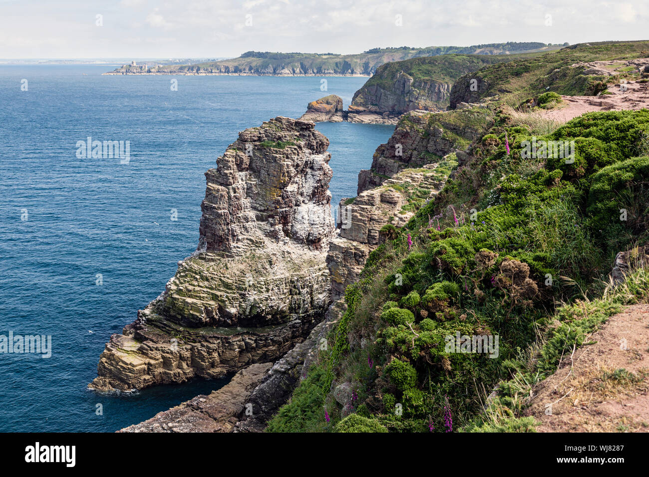 View from Cap Fréhel looking east towards Fort La Latte, Brittany, France Stock Photo