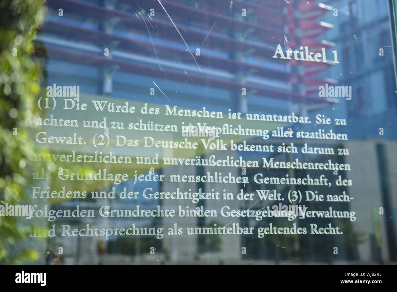 Article, article 1, Berlin, the Bundestag, Dani Karavan, Germany, peace, justice, glass, windowpane, windowpanes, glass wall, basic law, basic law 49, Stock Photo