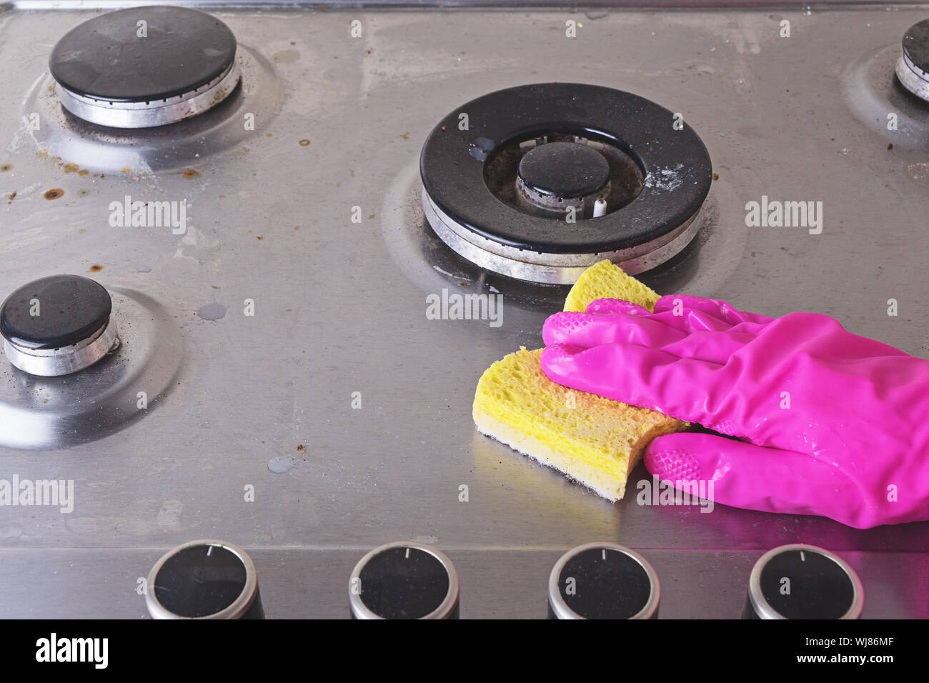 Manual Cleaning of stainless steel gas stove with scrub and sponge
