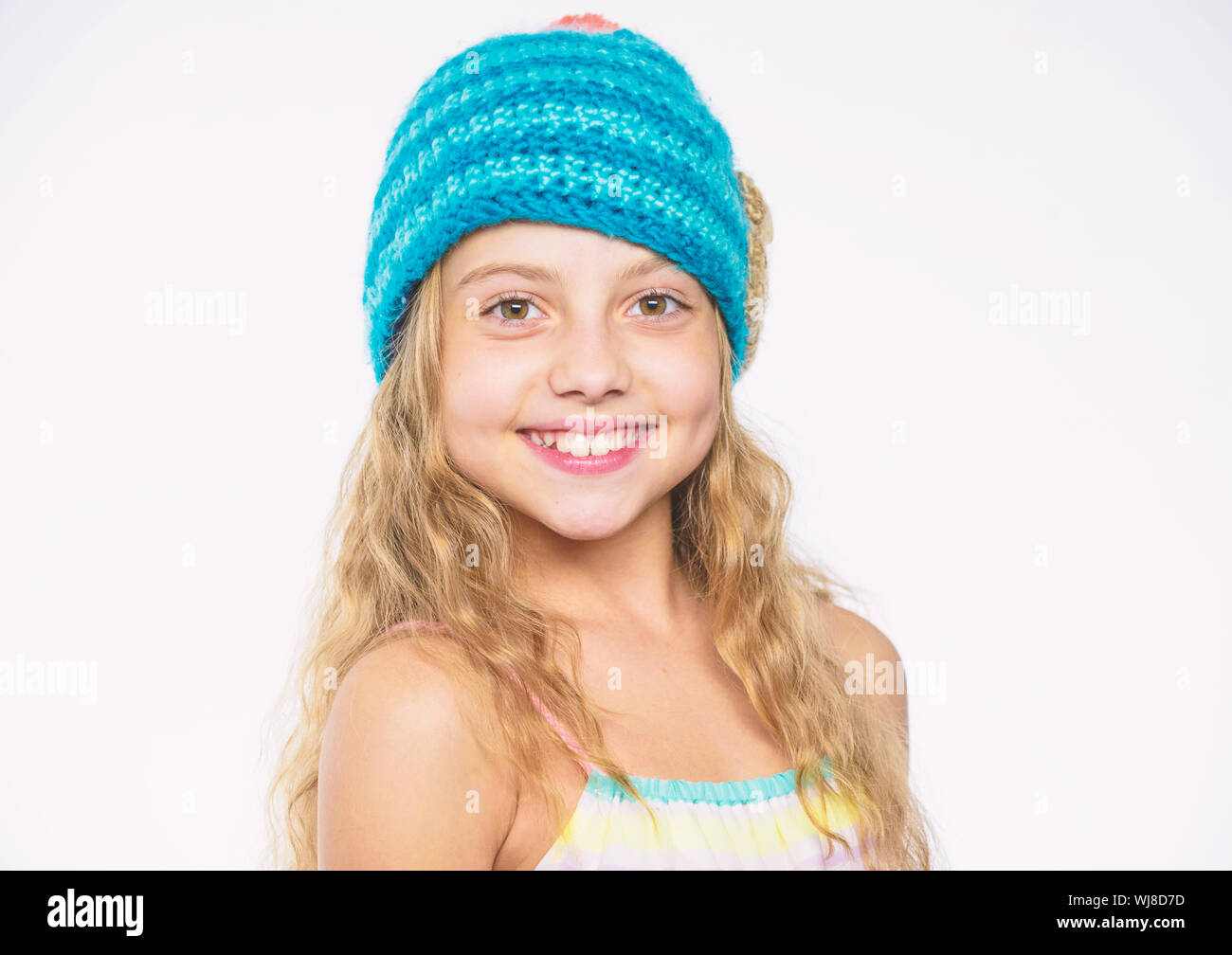Childrens Knitted Hats Girl Long Hair Happy Face White