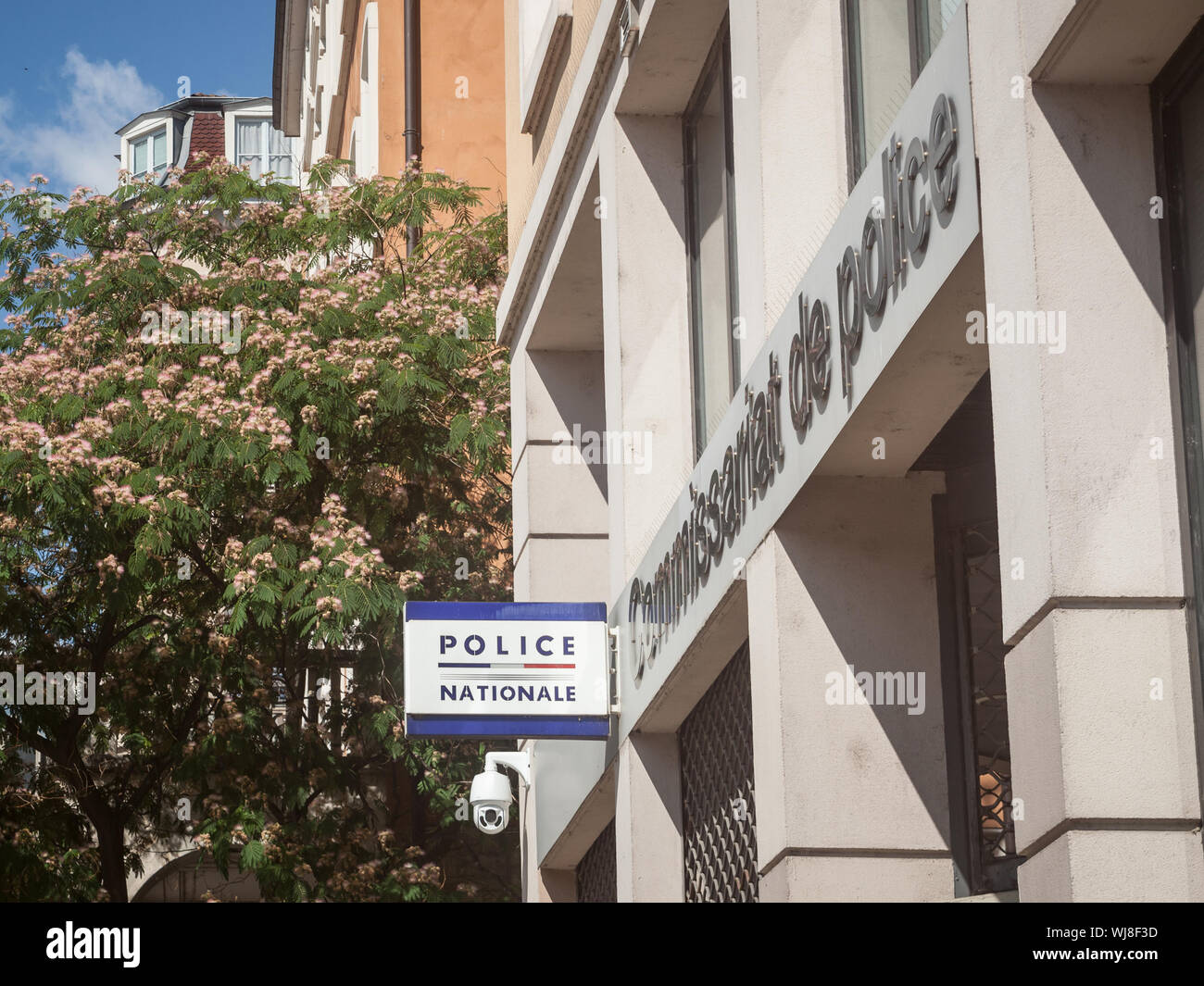 LYON, FRANCE - JULY 13, 2019: Logo of the French police, called Police National, on a Lyon police station, called Commissariat. it is the main civil p Stock Photo