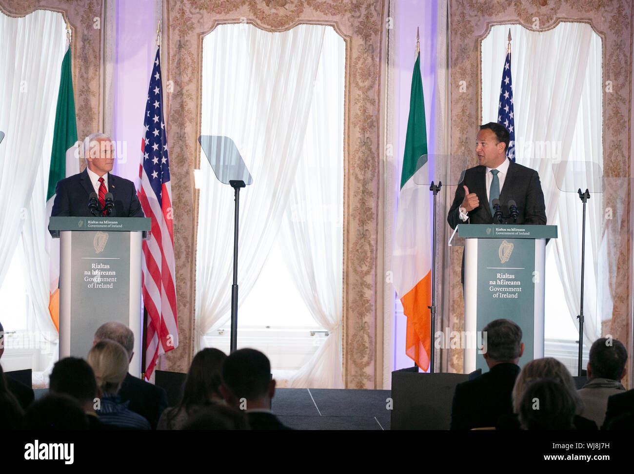 Mike Pence visit to Ireland. Pictured The Vice President of the United States of America Mike Pence and An Taoiseach and Fine Gael leader Leo Varadkar TD giving press statments to the media at Farmleigh House in Dublin. Photo: Sam Boal/RollingNews.ie Credit: RollingNews.ie/Alamy Live News Stock Photo