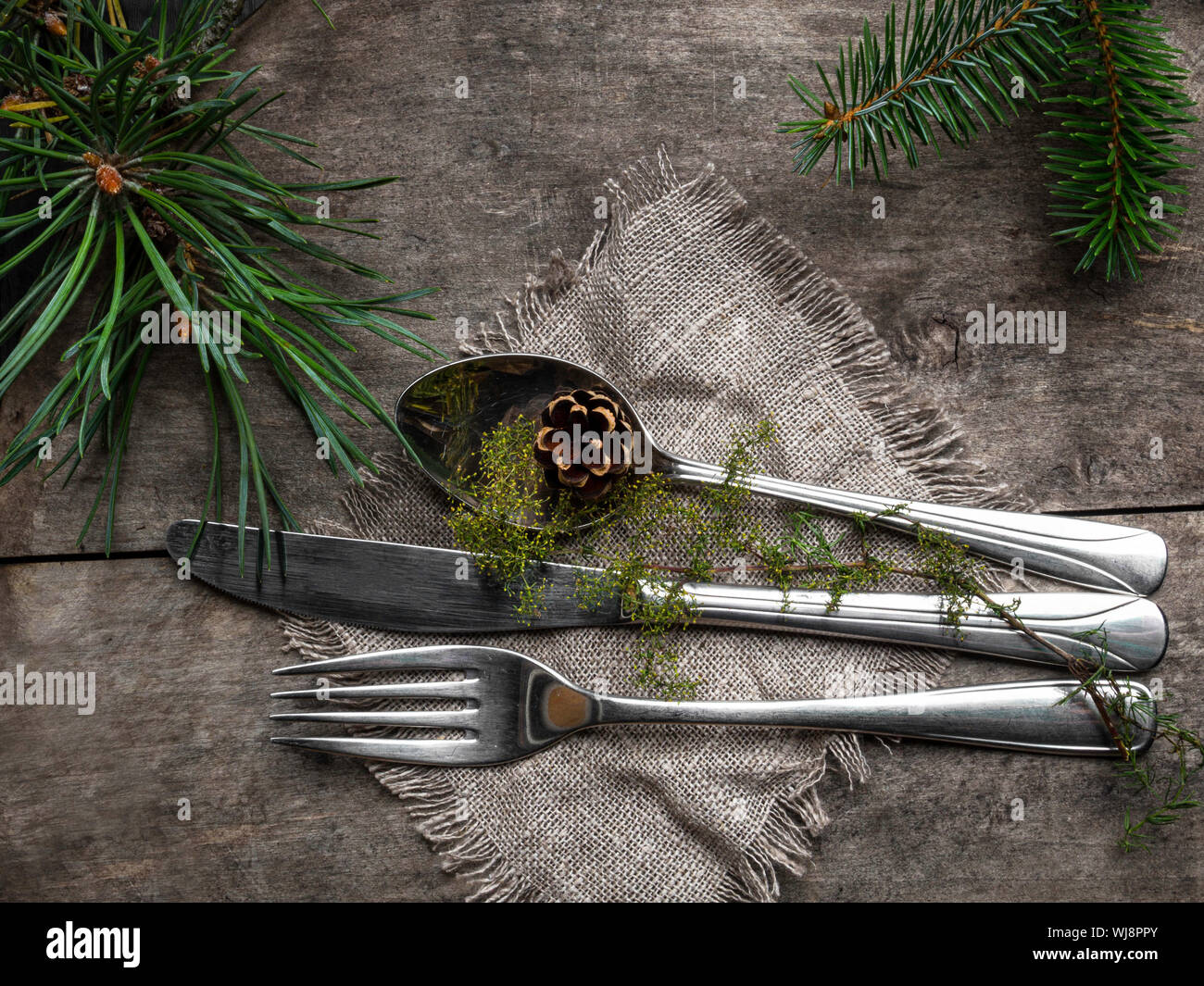 Vintage rustic cutlery set with country style napkin and Christmas ...