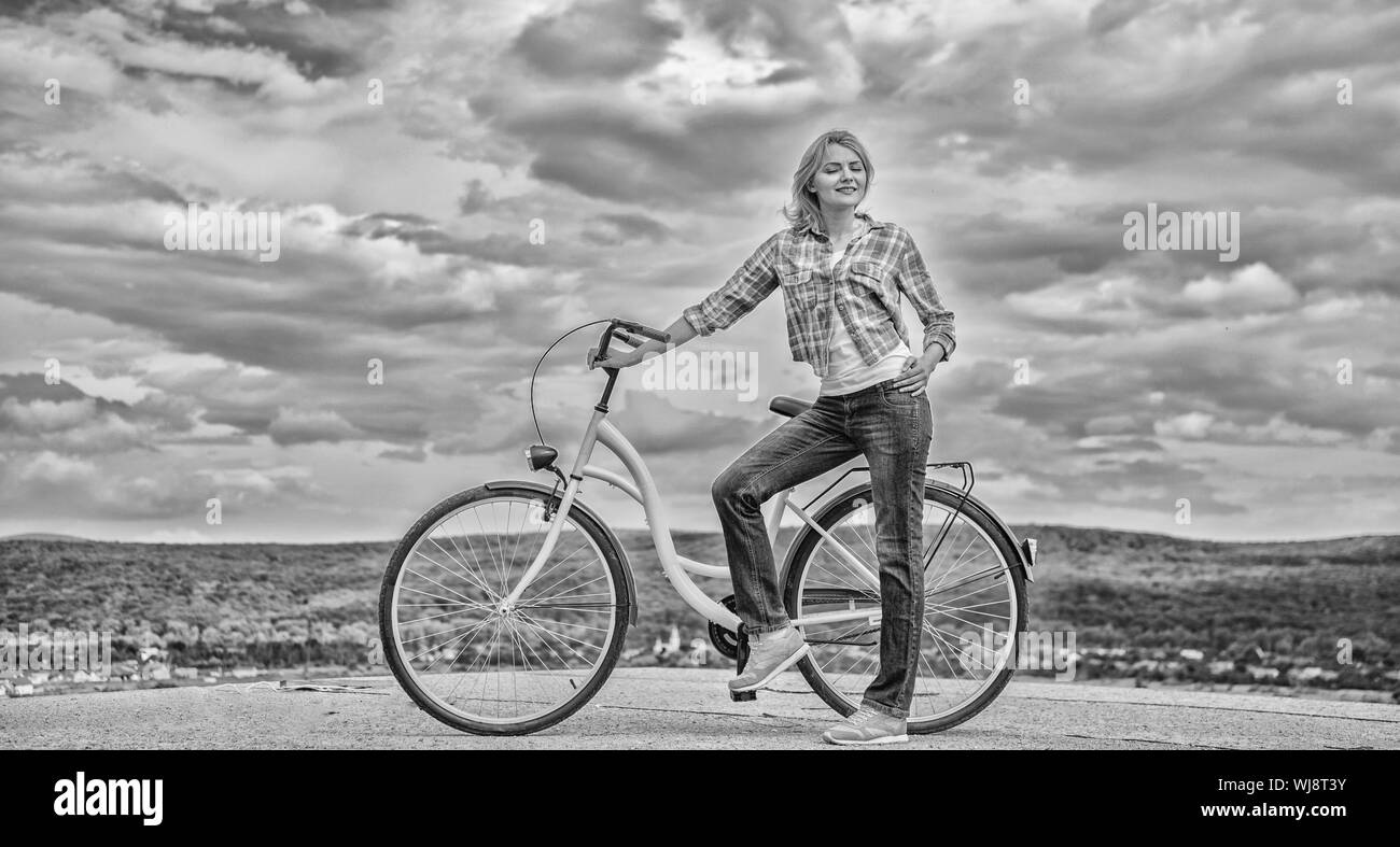 Benefits of cycling every day. Girl ride cruiser bicycle. Health