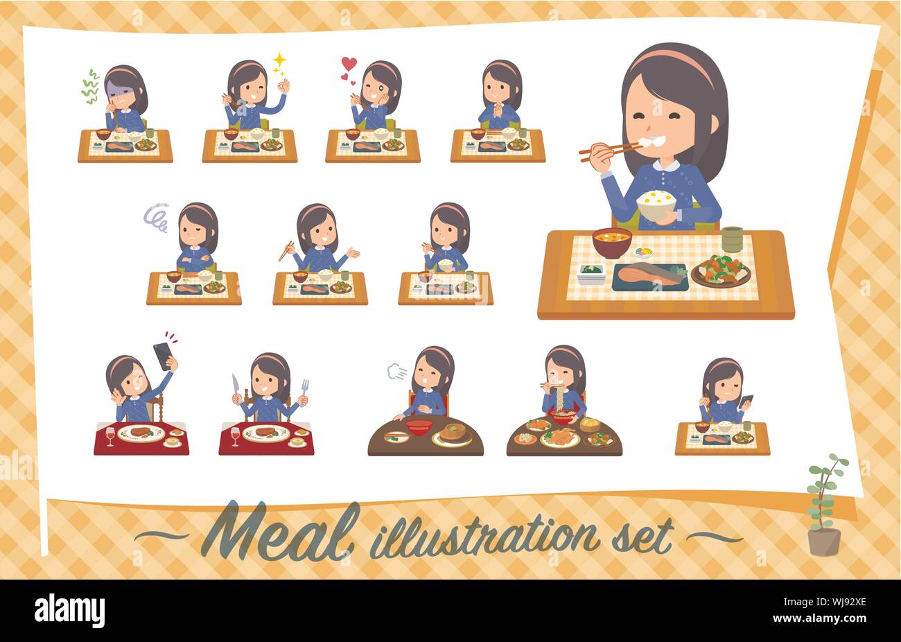 A set of girl about meals.Japanese and Chinese cuisine, Western style dishes and so on.It's vector art so it's easy to edit. Stock Vector