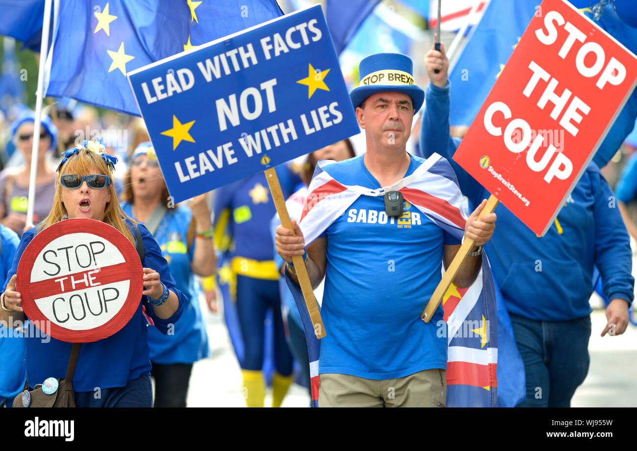 London, UK. 3rd September 2019. A Stop the Coup protest, led by Anti-Brexit campaigner Steve Bray, marches from Parliament Square to Downing street in reaction to Boris Johnson's handling of the Brexit crisis. Steve Bray at the front Stock Photo