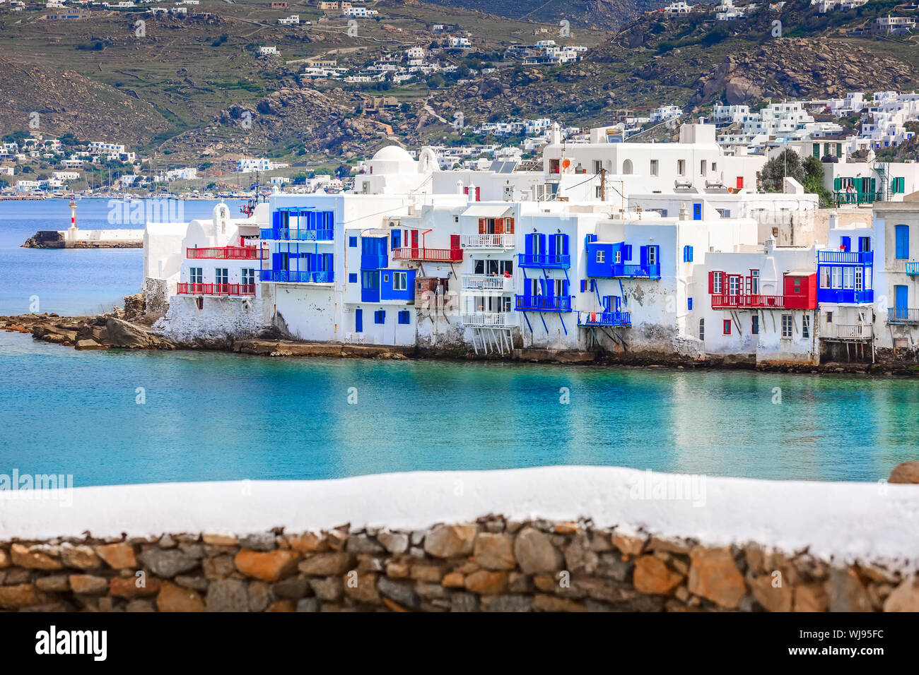 Mykonos, Greece panorama of Little Venice white traditional houses aerial view Stock Photo