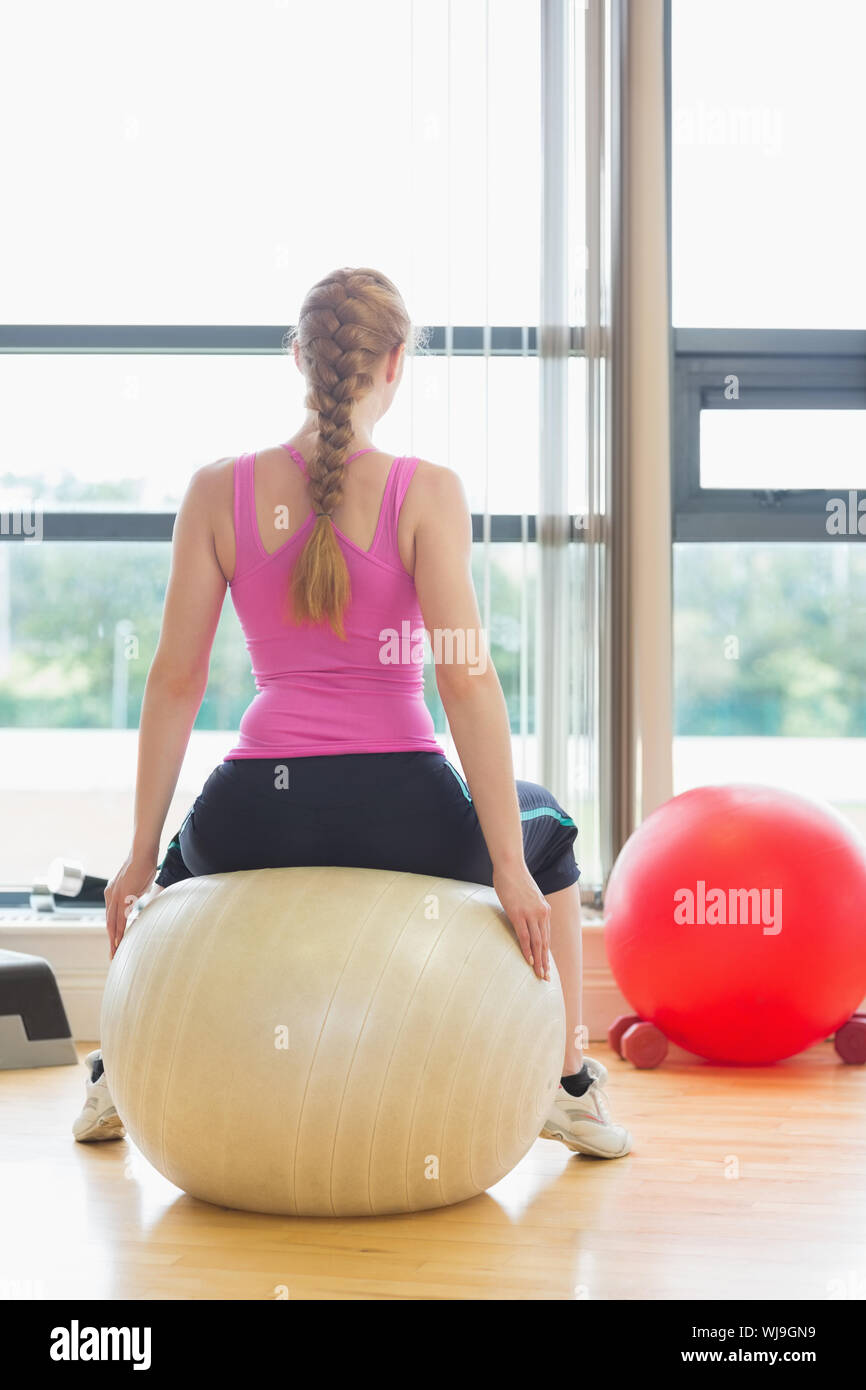 Rear view of a fit beautiful young woman sitting on exercise ball in ...