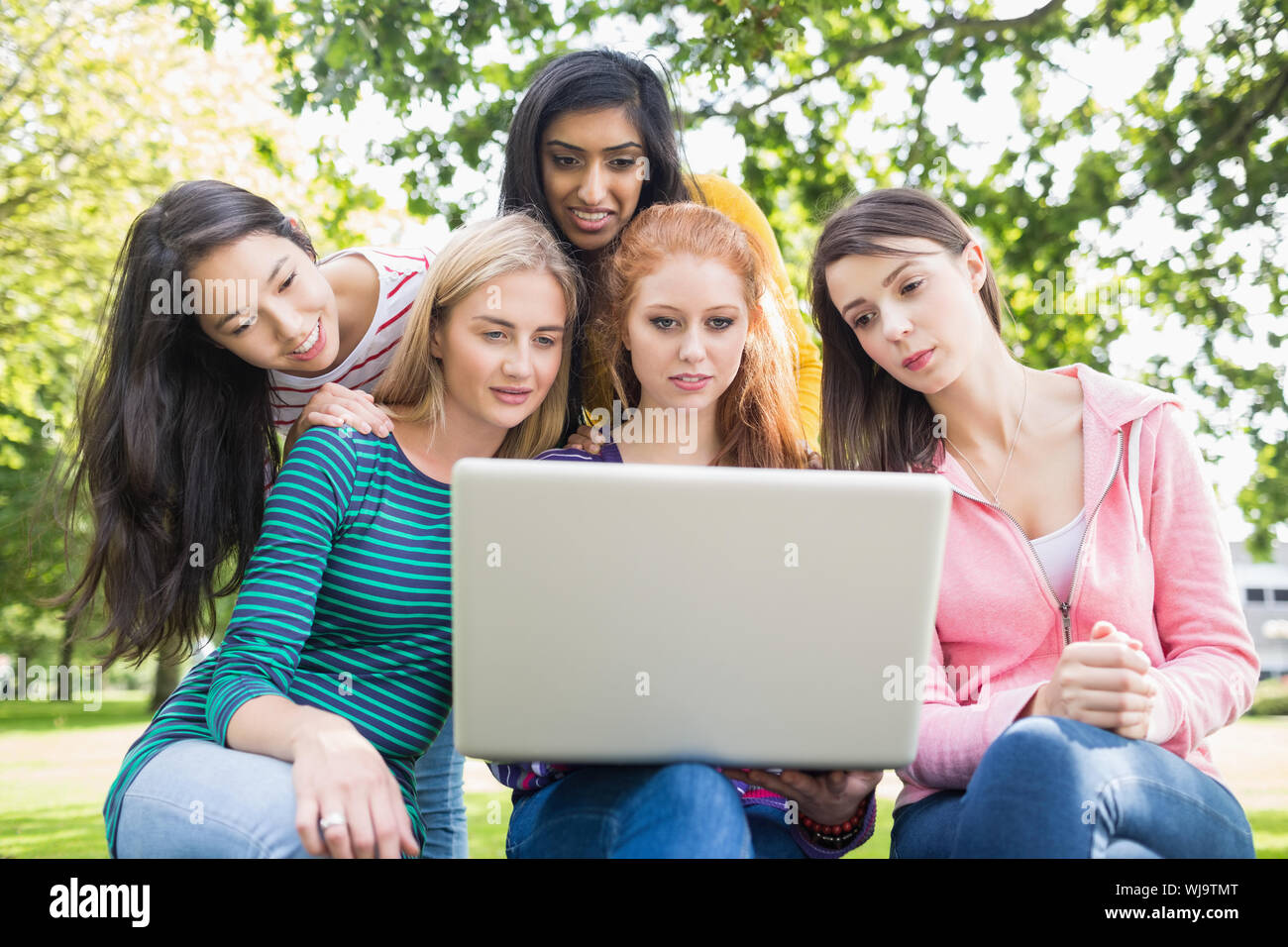 Group of young college girls using laptop in the park Stock Photo - Alamy