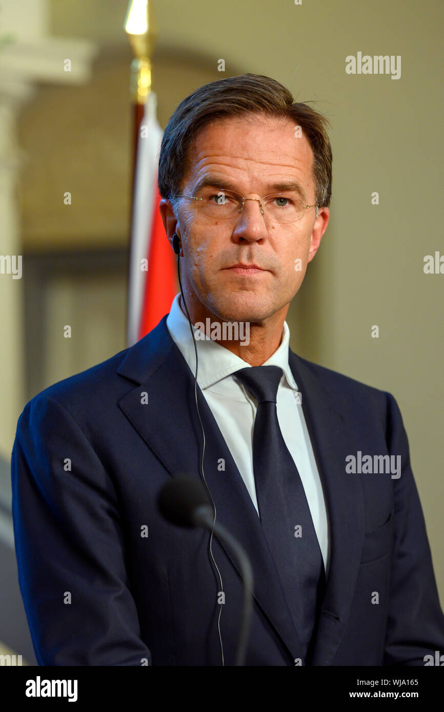 The Hague, Netherlands September 3rd, 2019 - (L to R: Kyriákos Mitsotákis and Mark Rutte) Presse conference between Prime Minister Mark Rutte and Greek Prime Minister Kyriákos Mitsotákis after  working lunch in the Statenzaal. The agenda included bilateral relations between Greece and the Netherlands, the reform program of the new Greek government, migration and current events on the European agenda. After that they have the Press Conference. Stock Photo