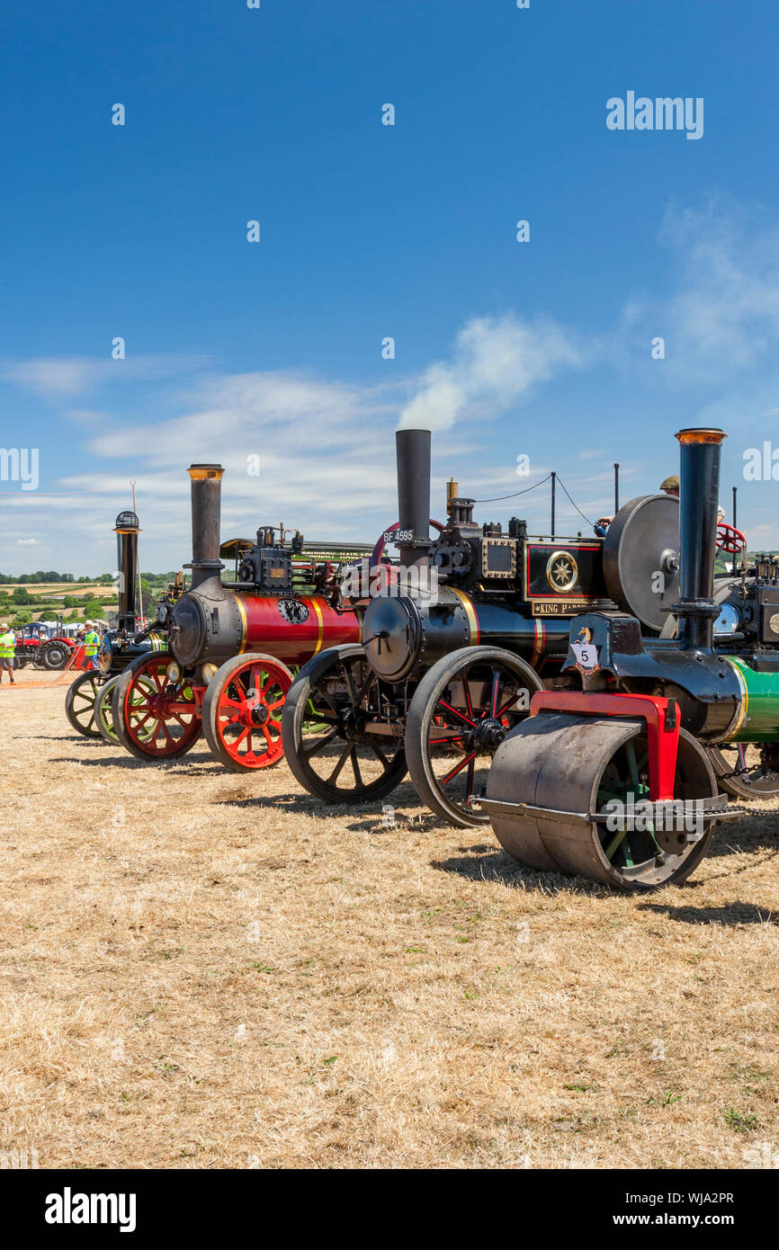 A line-up of assorted traction engines and road rollers at the 2018 Low Ham Steam Rally, Somerset, England,UK Stock Photo