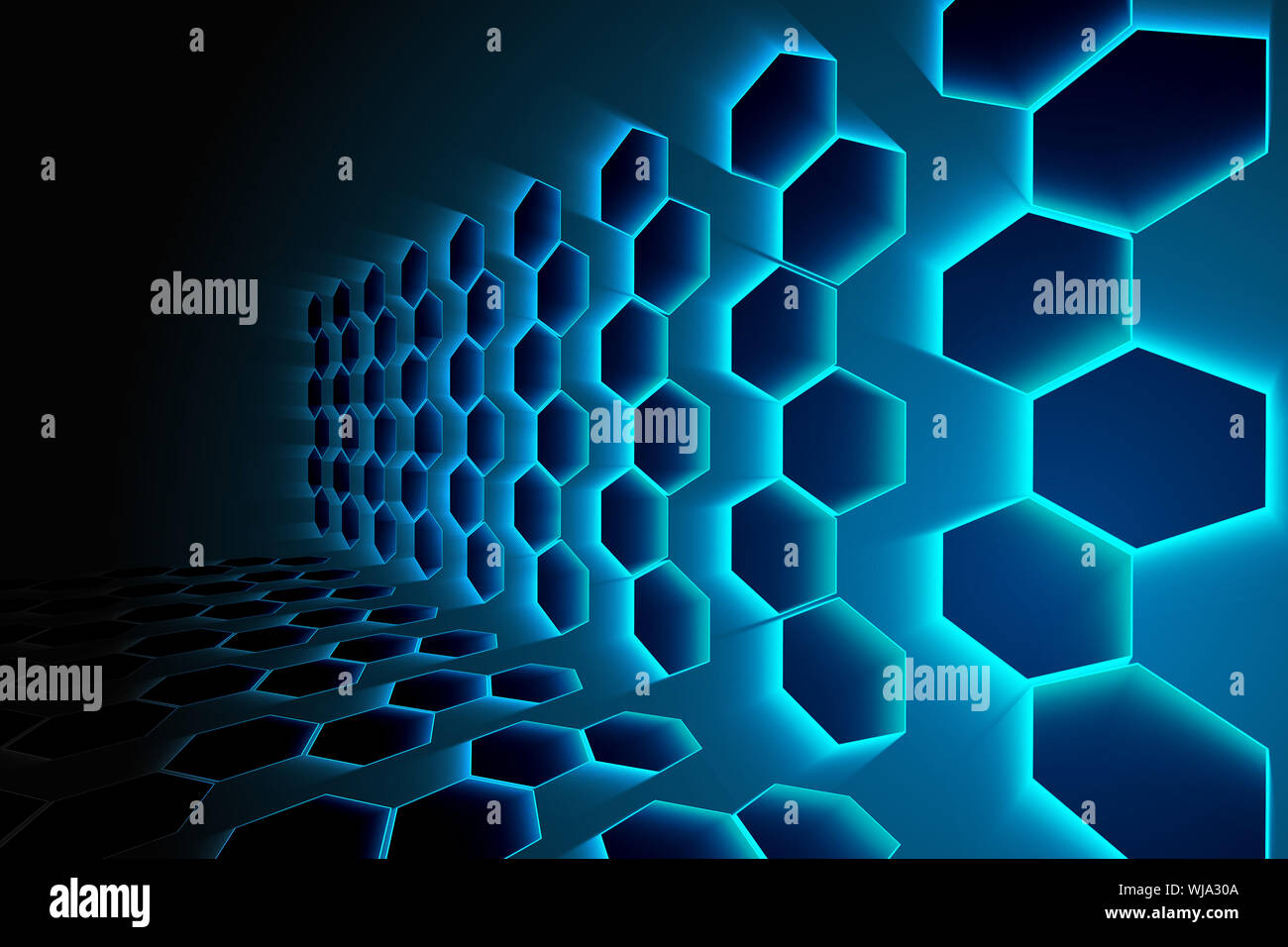 Black background with shiny hexagons Stock Photo