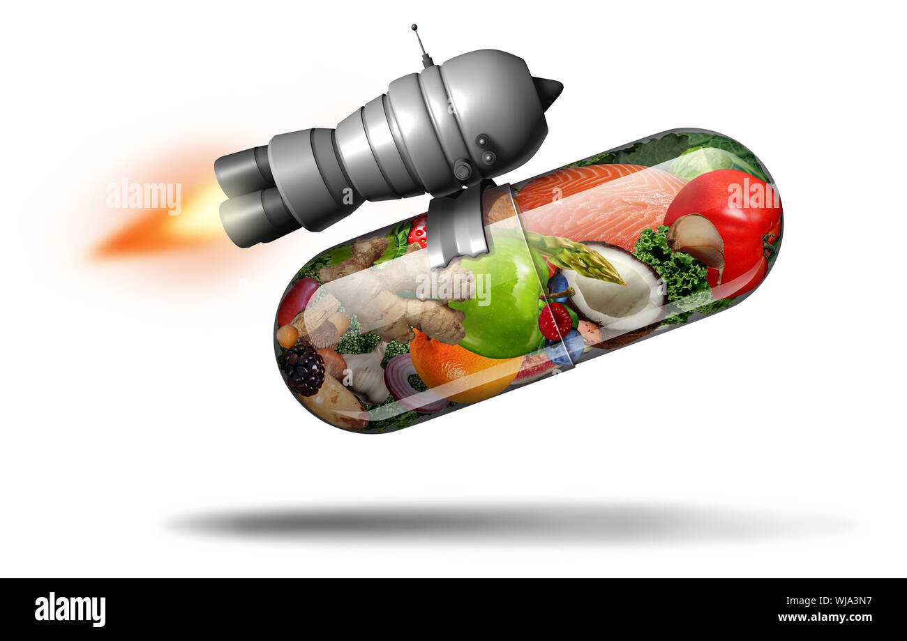 Power natural vitamin supplement and healthy nutrition pill as a natural powerful fitness nutrient capsule with a rocket jet engine inside. Stock Photo