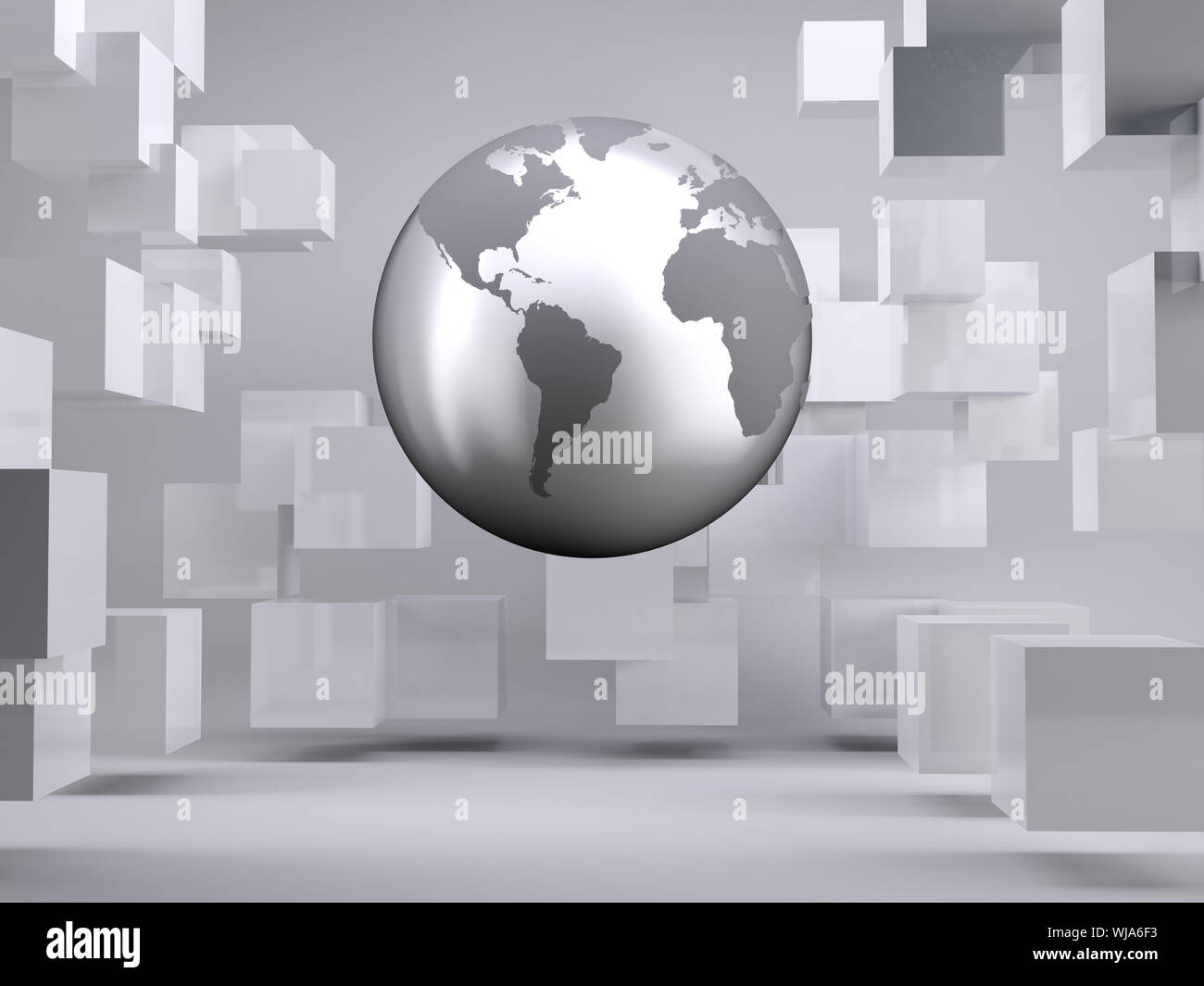 Planet floating in grey room with cubes Stock Photo