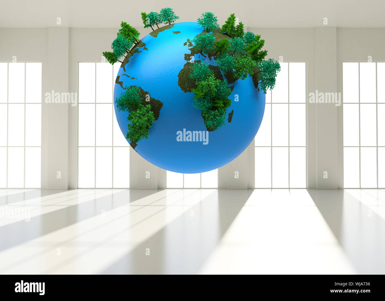 Digitally generated globe floating in bright room with windows Stock Photo