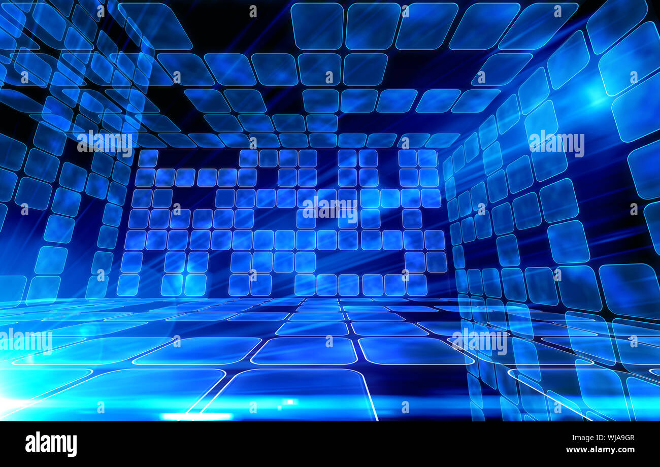 Room of shiny blue squares Stock Photo