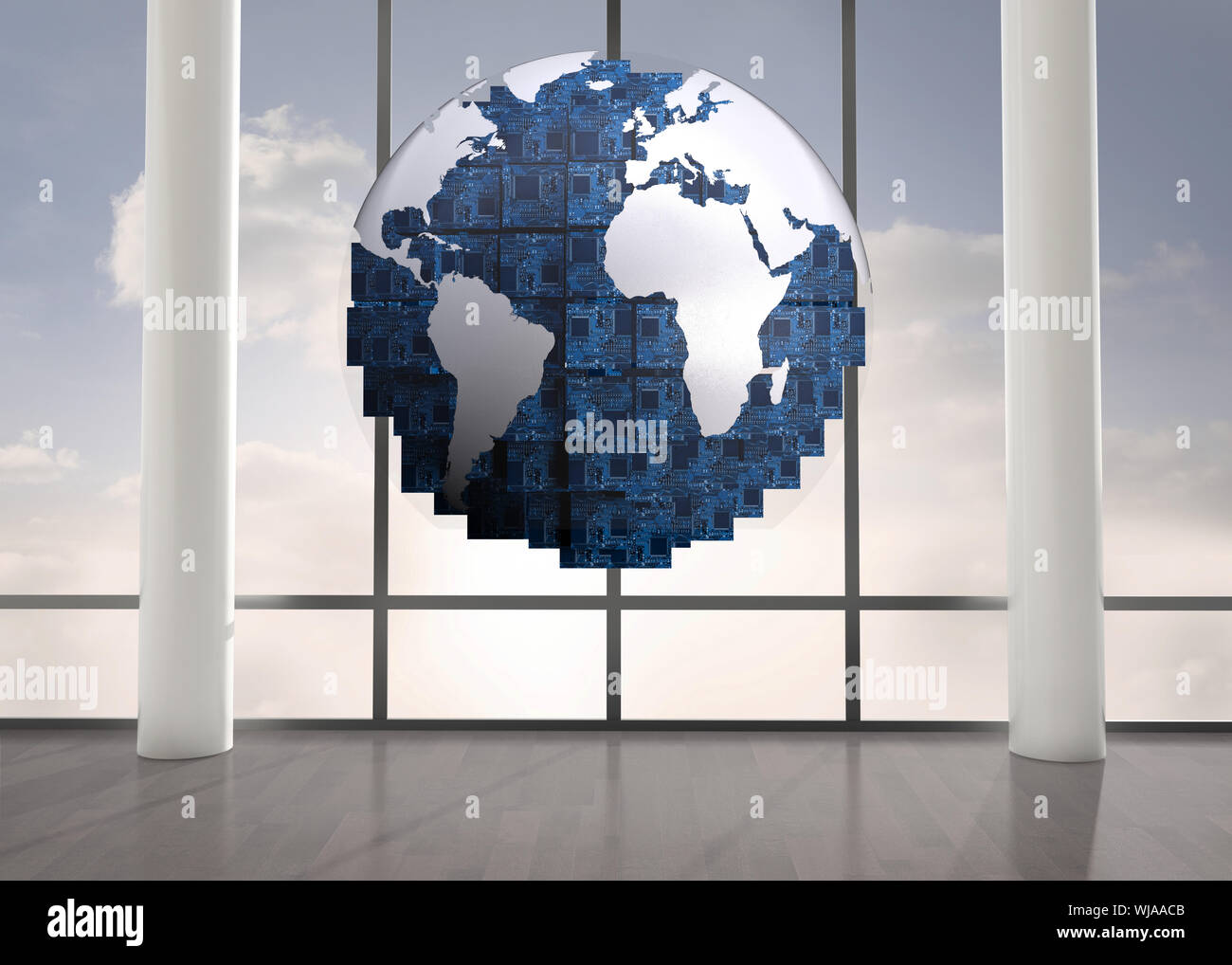 Digitally generated blue globe floating in room Stock Photo