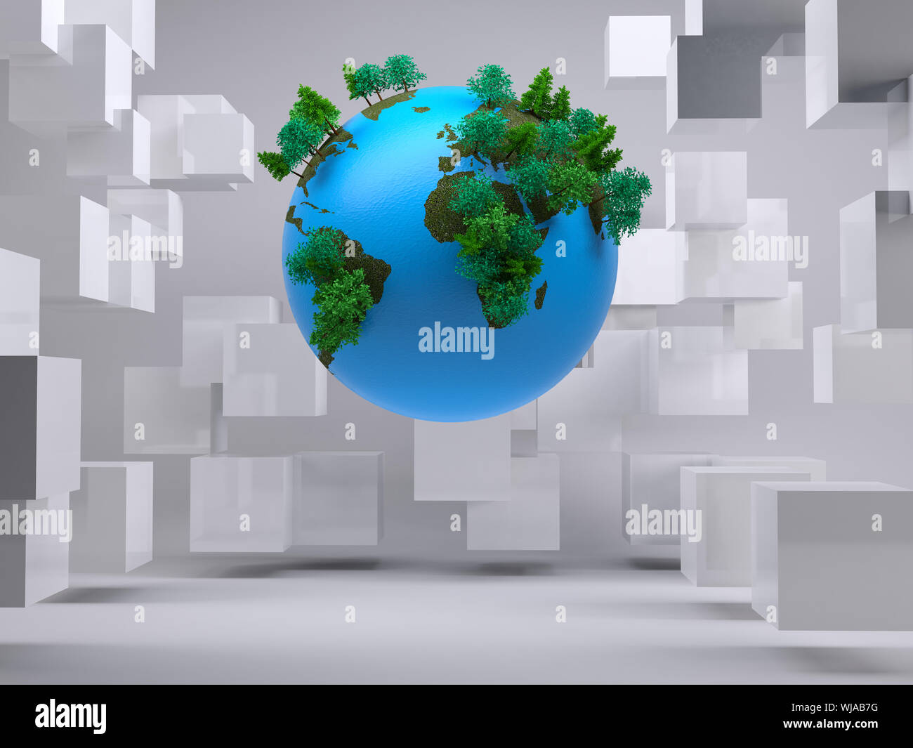 Globe floating in room with cubes Stock Photo
