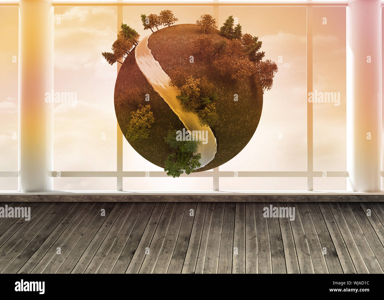 Digital earth floating in room Stock Photo