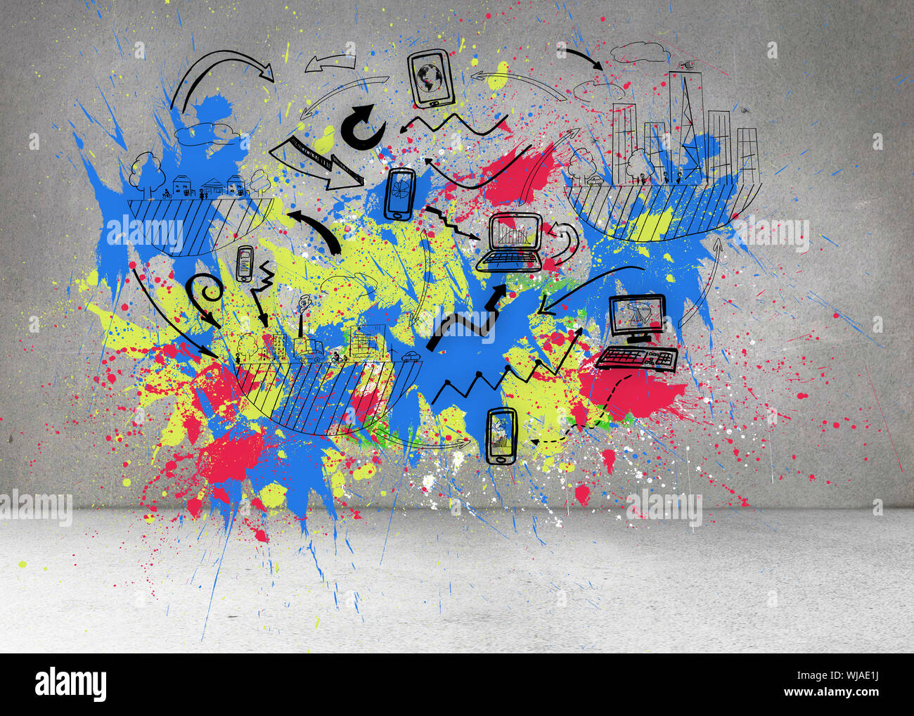 Colorful splashes on grey wall with graphics Stock Photo