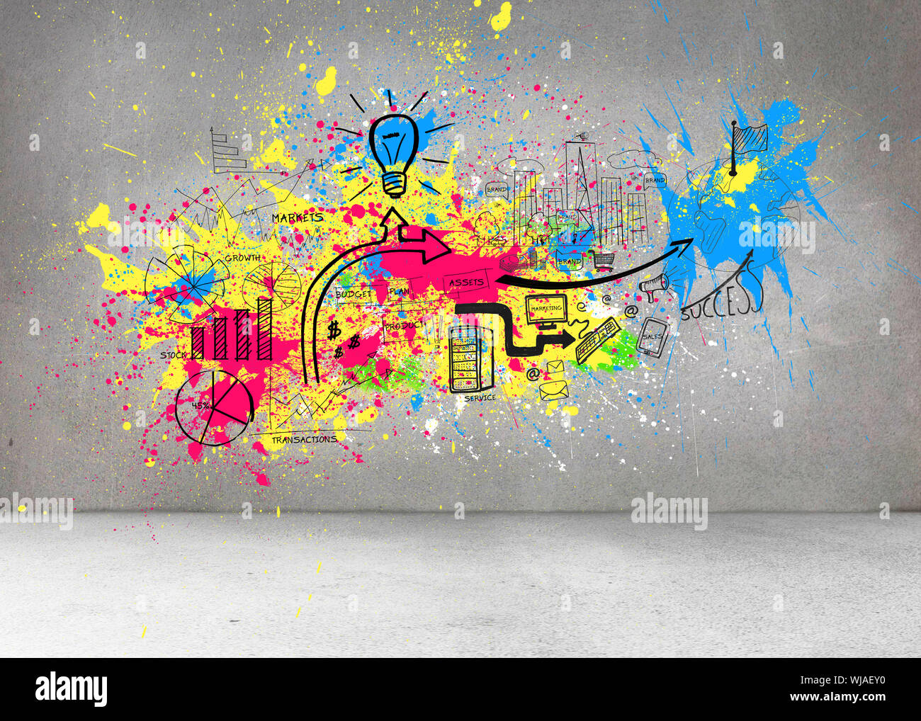 Colorful splashes on grey wall with graphics Stock Photo