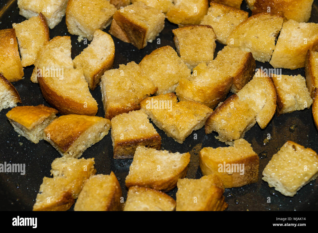 crisp croutons bread cubes with olive oil and sea salt Stock Photo