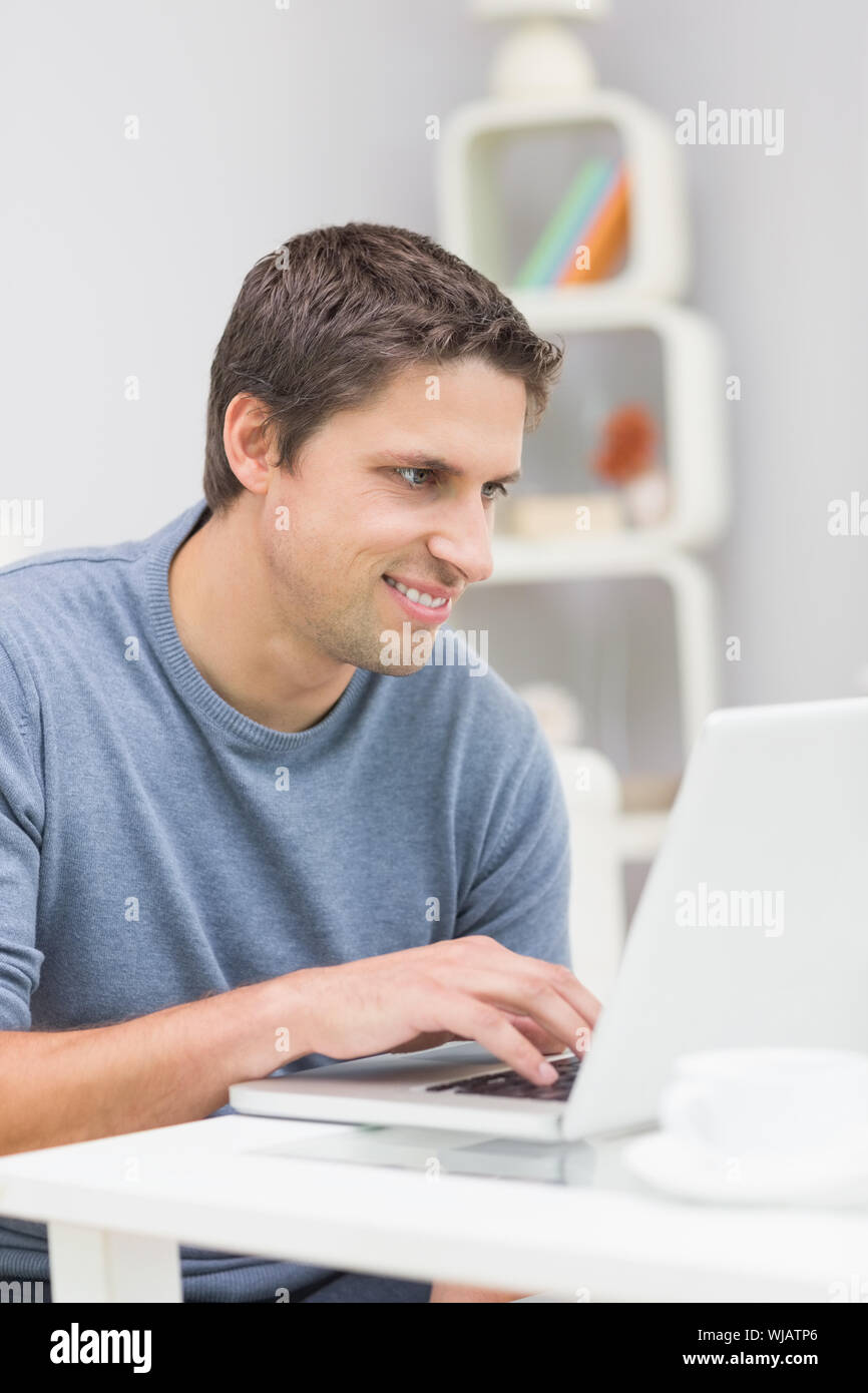 Smiling young man using laptop in living room Stock Photo