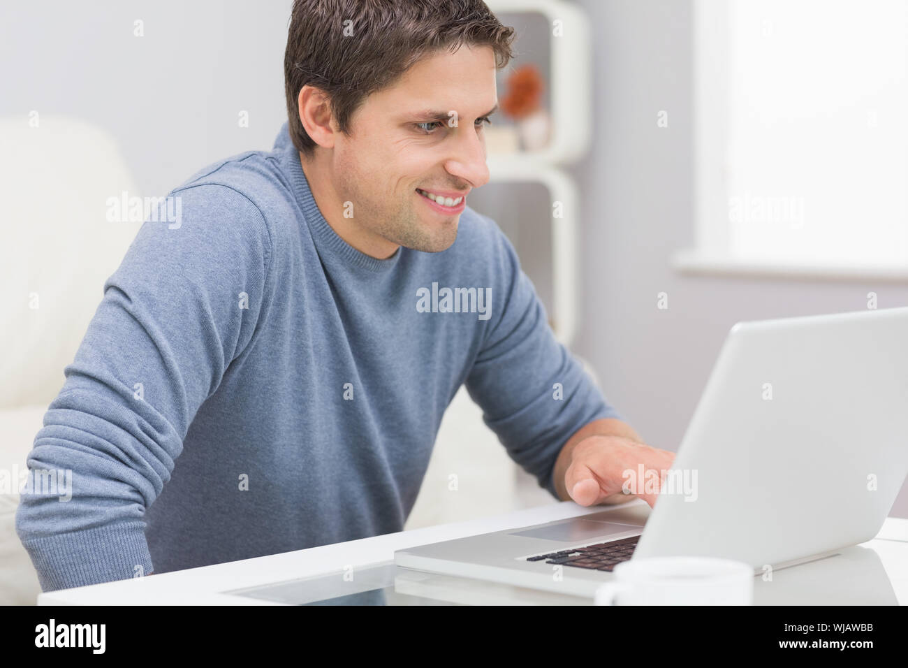 Smiling young man using laptop in living room Stock Photo
