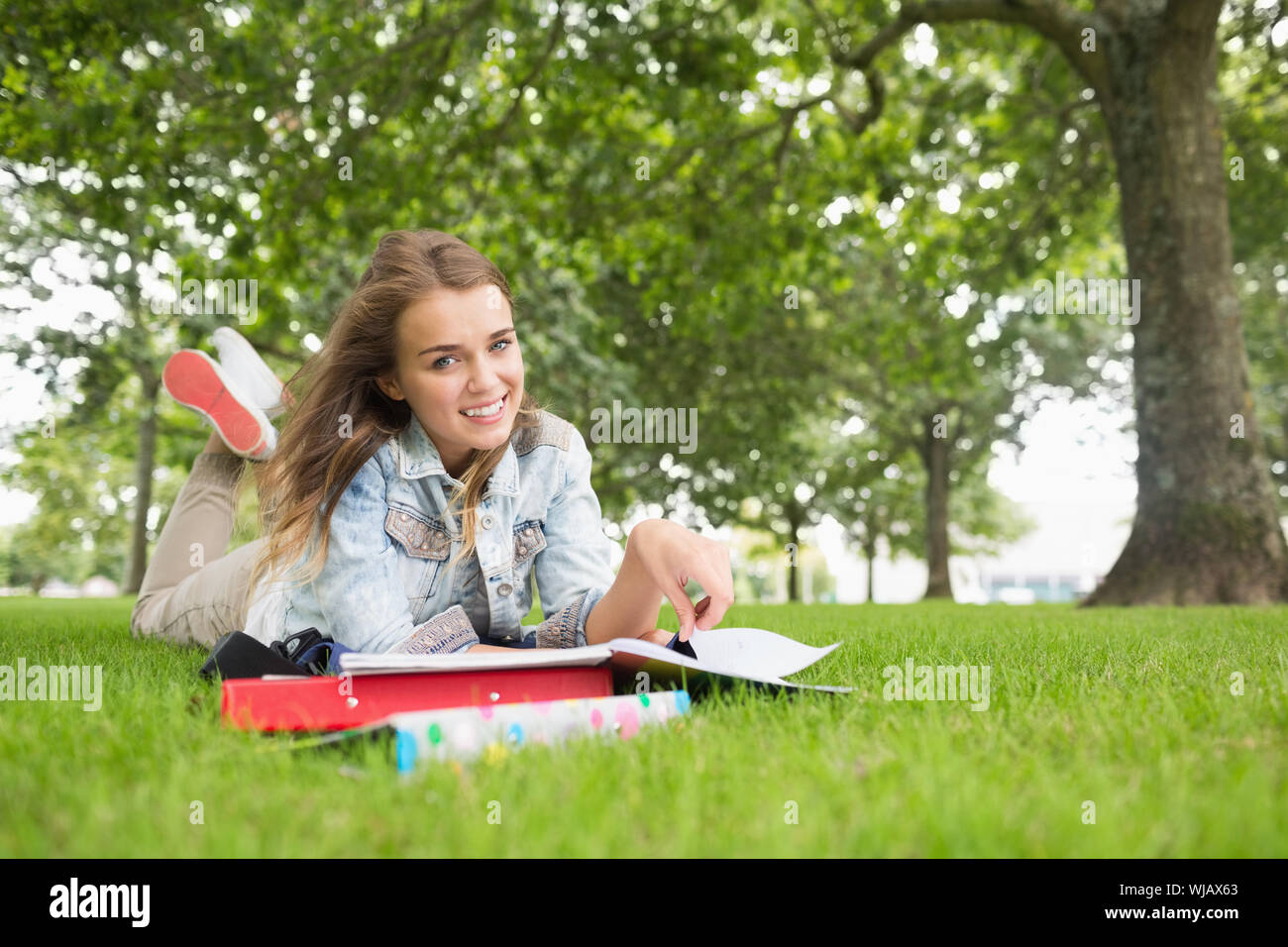 Happy young student lying on the grass studying Stock Photo