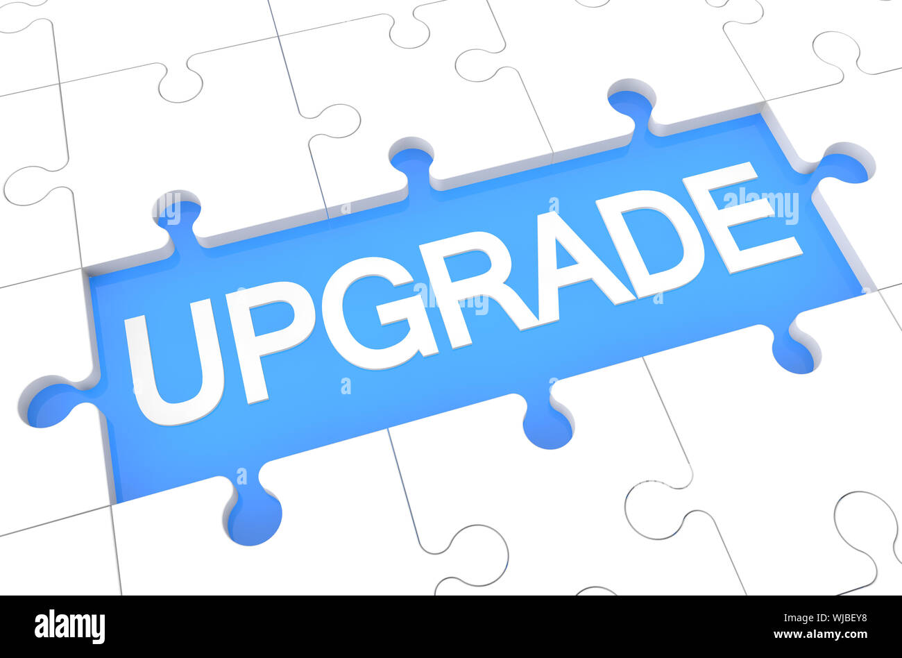 Upgrade - puzzle 3d render illustration with word on blue background Stock Photo