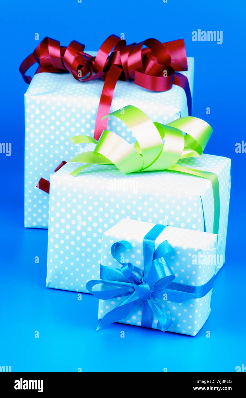 Heap of Three Gift Boxes with Ribbons and Bows in a Row isolated on ...