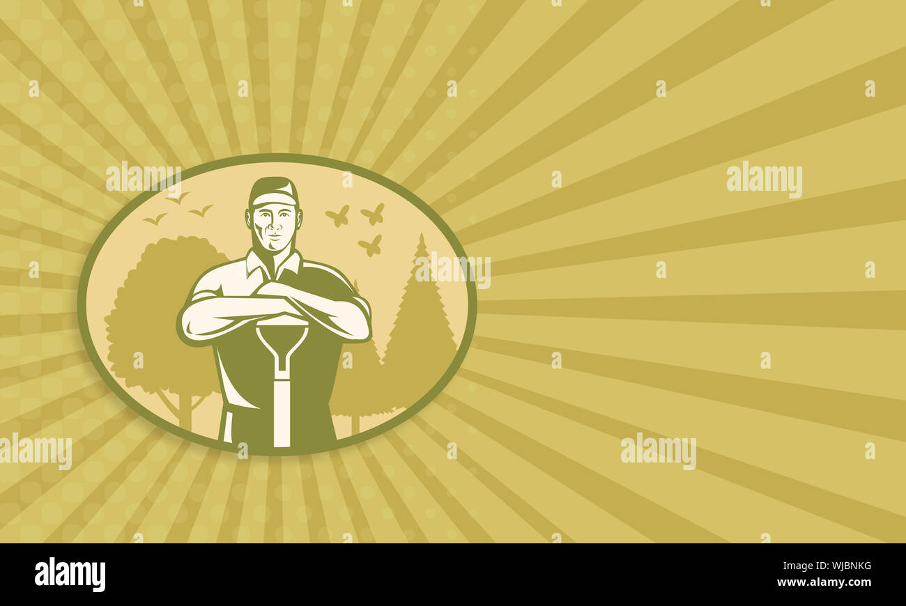 Business card template showing illustration of a gardener landscaper ...