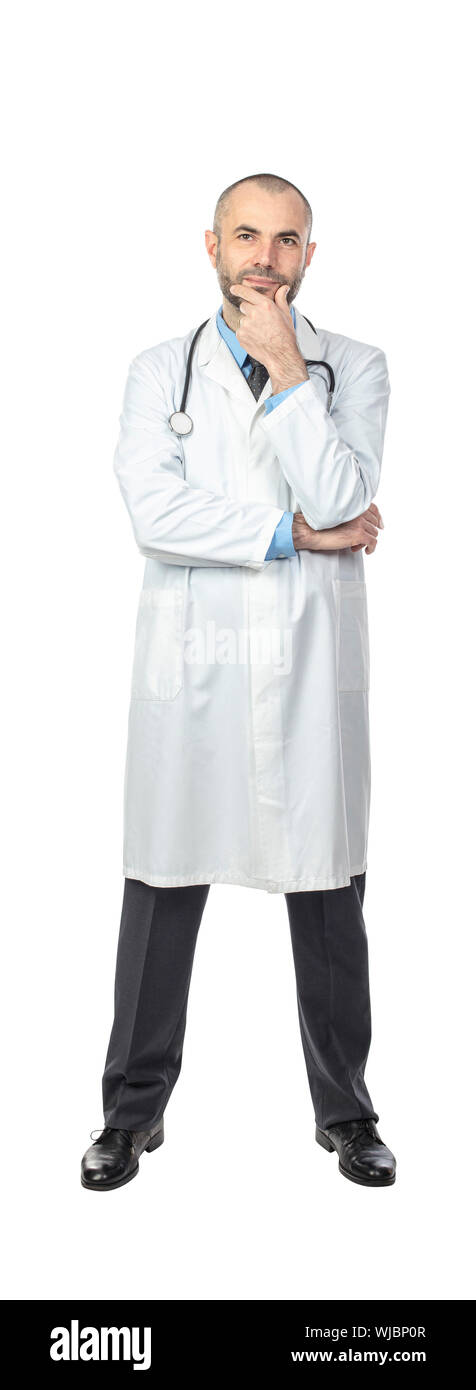 portrait on white background of a caucasian doctor with pensive expression Stock Photo