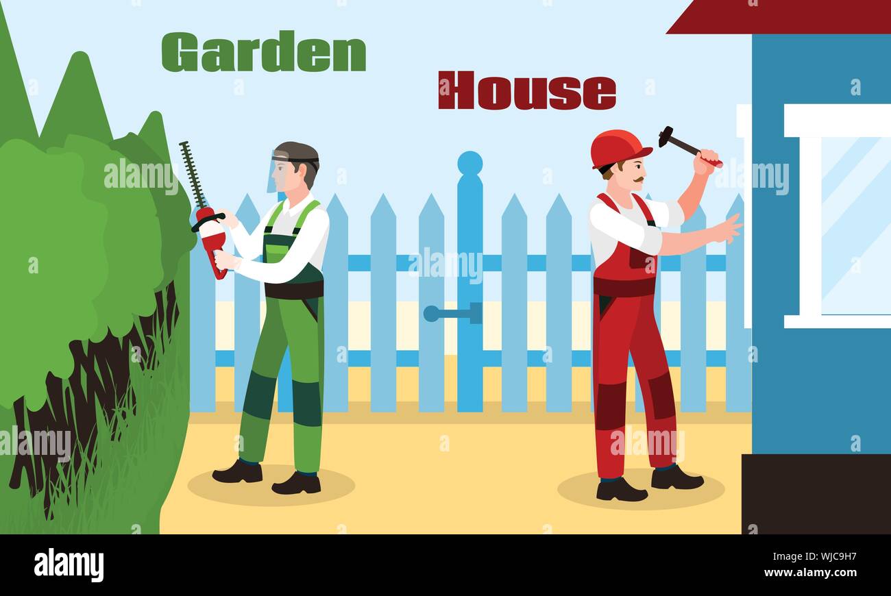 Garden house repair concept banner. Flat illustration of garden house ...