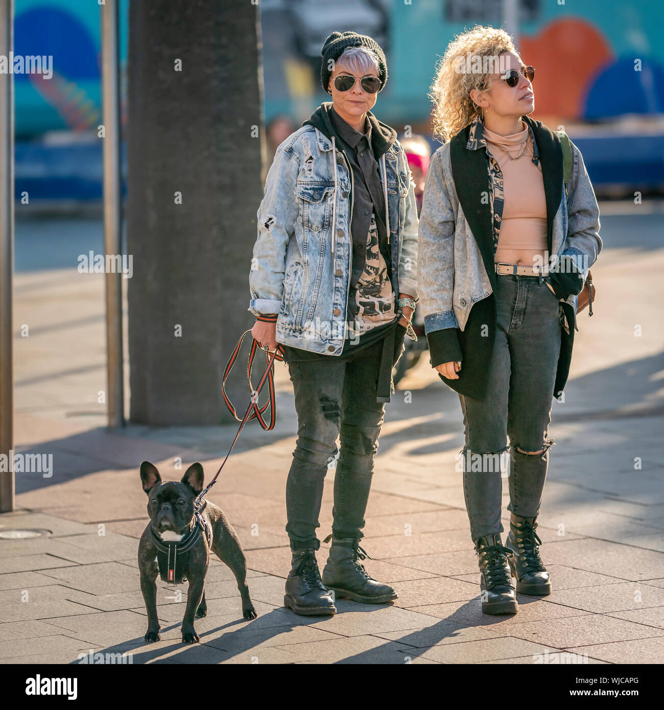 Women outdoors with a dog, Mennigarnott or Cultural day, Reykjavik, Iceland. Stock Photo