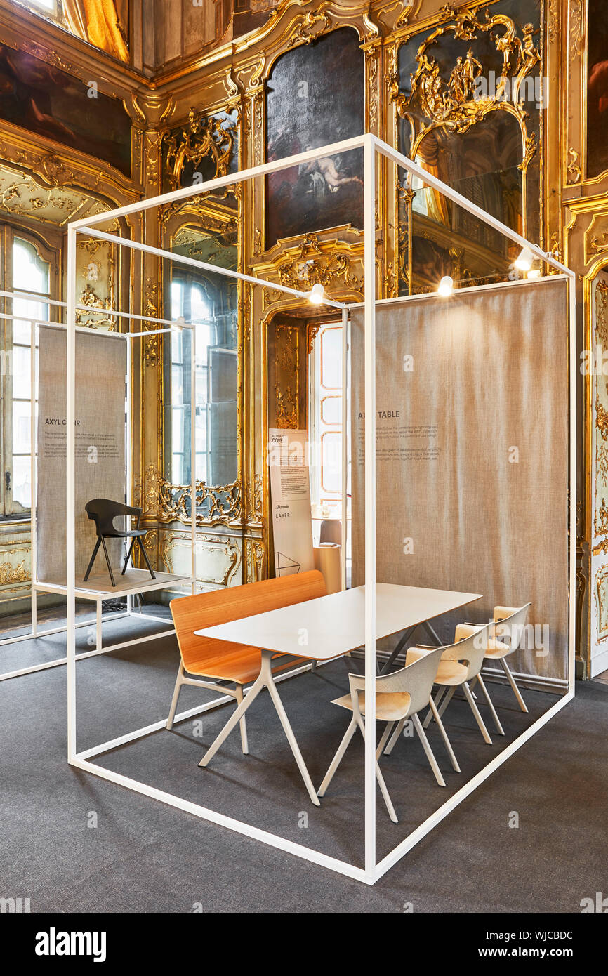 Table display. Layer x Allermuir at Milan Design Week 2019, Milan, Italy. Architect: Benjamin Hubert, 2019. Stock Photo