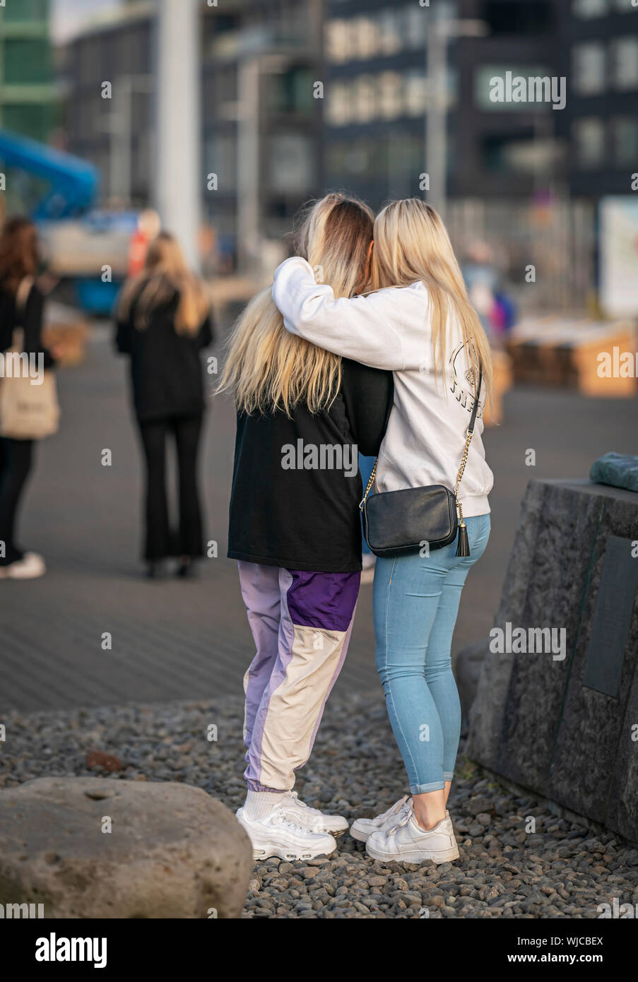Teenage girls, street scene, Menningarnott or Cultural day, Reykjavik, Iceland Stock Photo