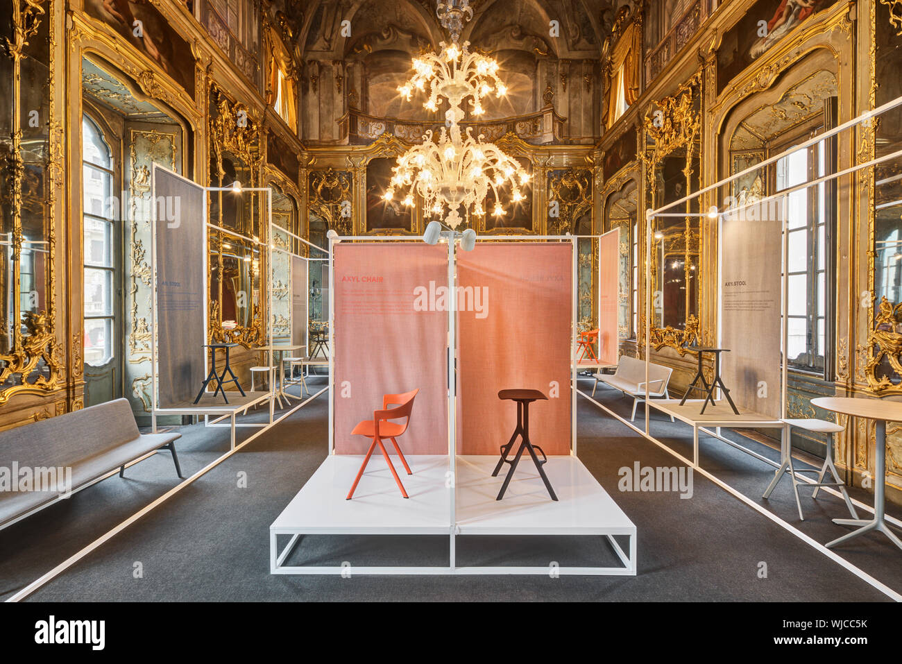 Chair display and surrounding room. Layer x Allermuir at Milan Design Week 2019, Milan, Italy. Architect: Benjamin Hubert, 2019. Stock Photo