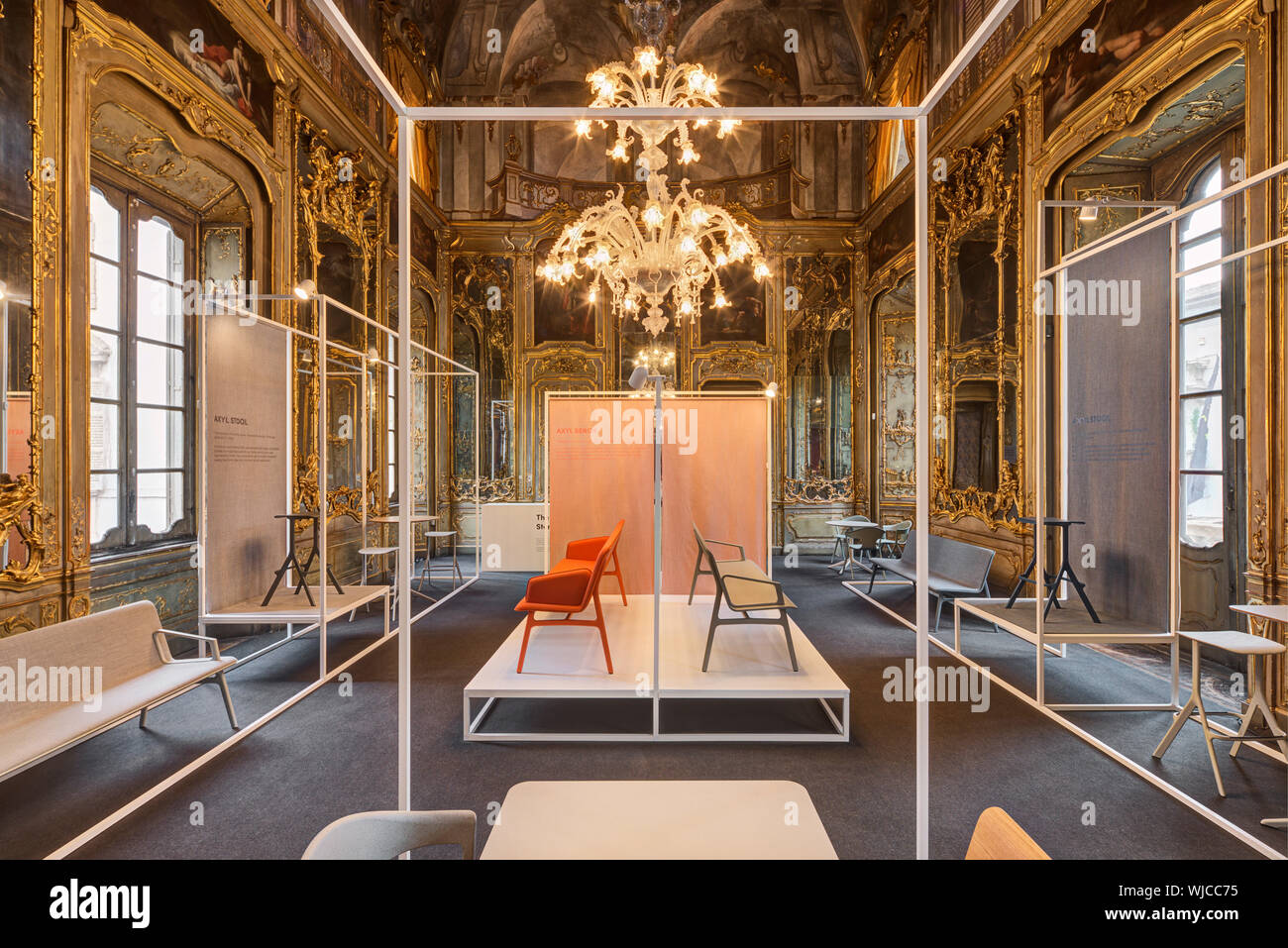 Chair display and surrounding room. Layer x Allermuir at Milan Design Week 2019, Milan, Italy. Architect: Benjamin Hubert, 2019. Stock Photo