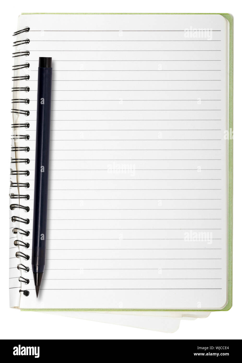 used blank note book with ring binder and japanese brush pen, isolated on white. Stock Photo