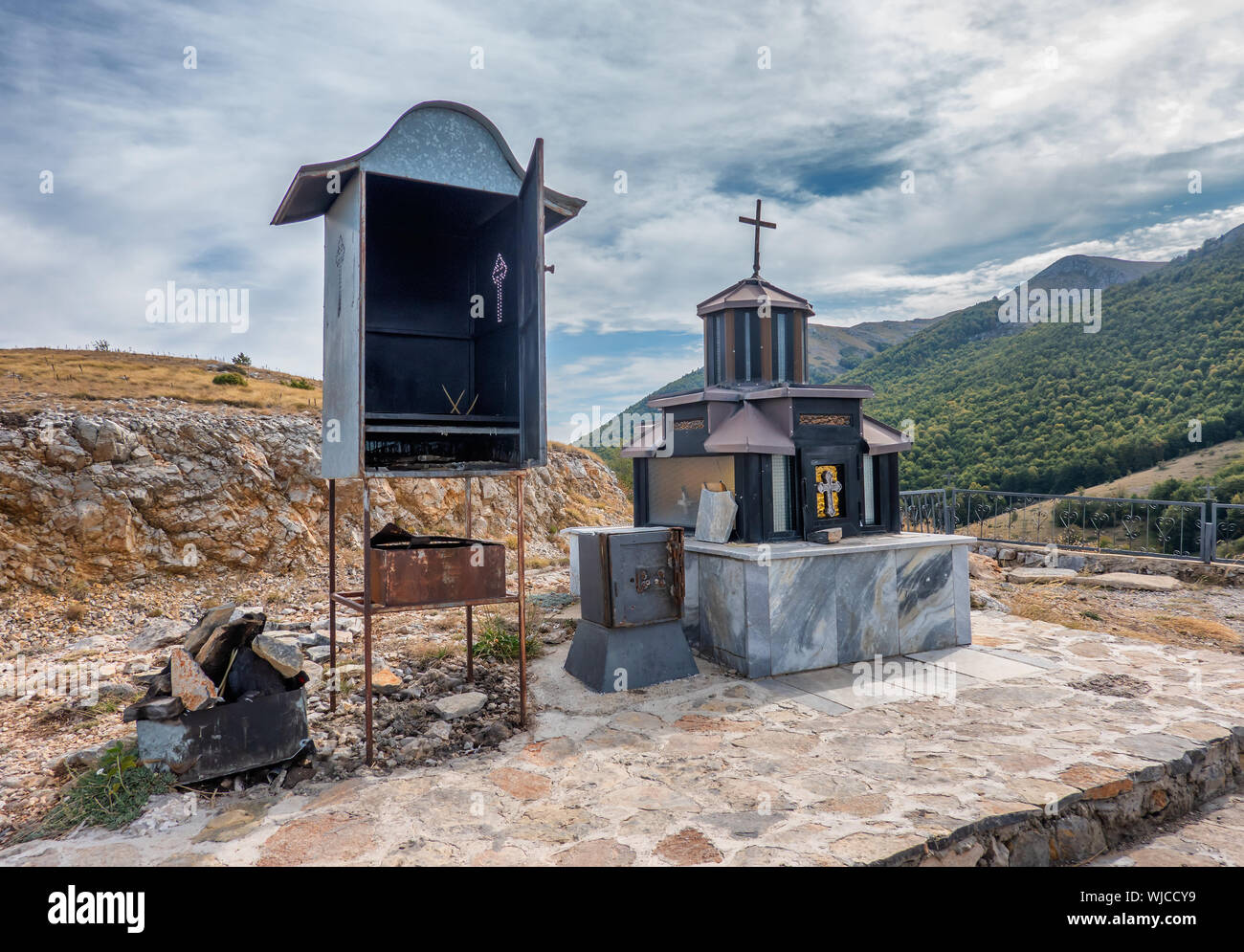 Road altar chapel on the st George pass near lake Ohrid, Macedonia Stock Photo