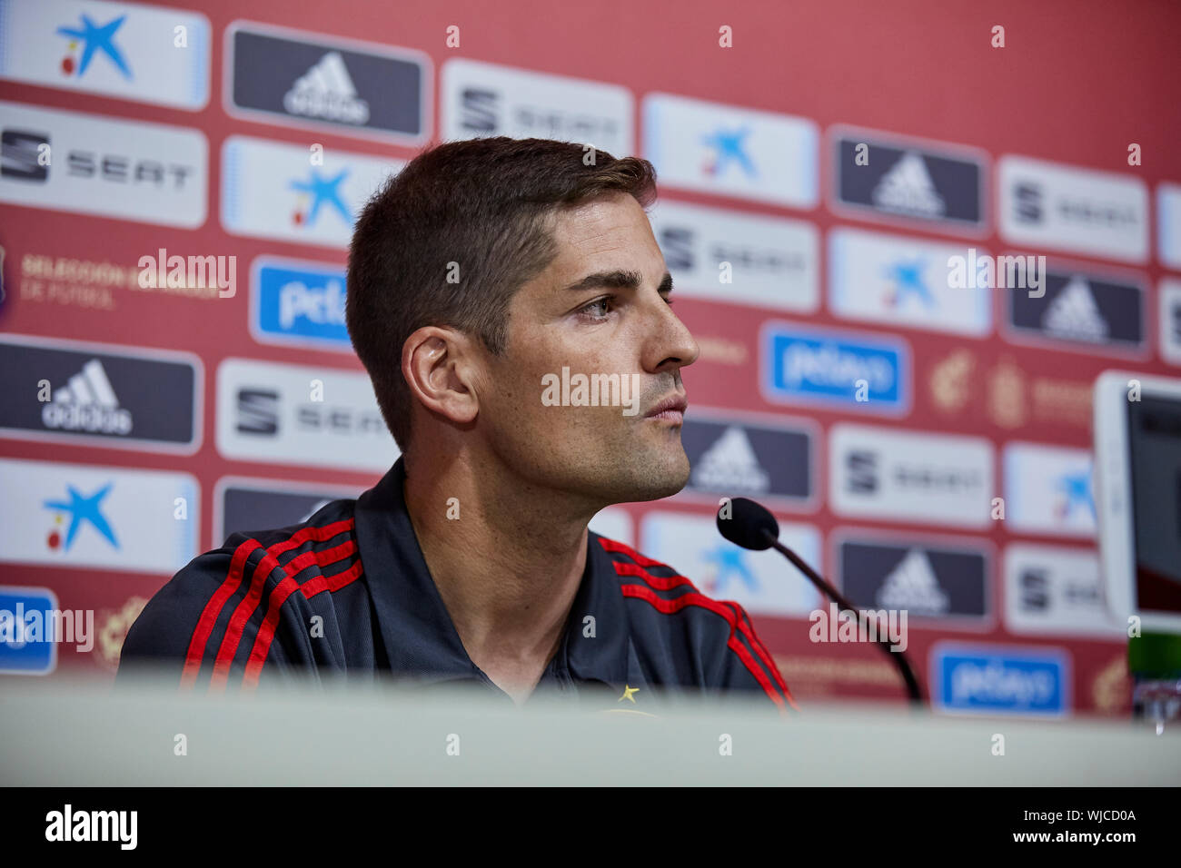 Las Rozas, Spain. 03rd Sep, 2019. Robert Moreno during a press conference on the next matches against Romania and Feroe Islands and he also talked about the general state of the team, such as reaching the maximum possible score for the classification, at Ciudad del Futbol in Las Rozas, Spain. Credit: SOPA Images Limited/Alamy Live News Stock Photo