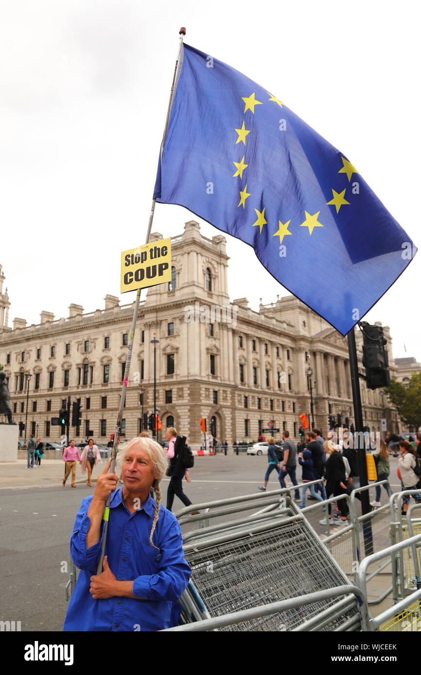 London, UK, 3rd Sep 2019, While Pro-EU campaigners criticize Boris Johnson’s prorogation of the parliament, Brexit supporters  show their anger against MP's not implementing the Brexit referendum's result at Whitehall. Credit: Uwe Deffner / Alamy Live News Stock Photo