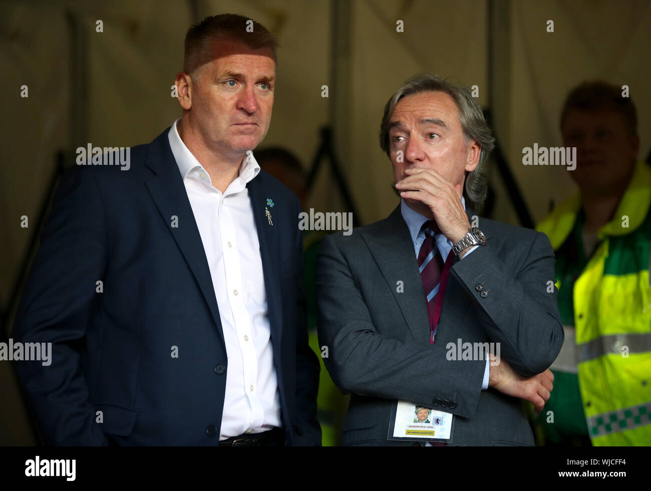 Aston Villa manager Dean Smith talks with Aston Villa Sporting Director Jesus Garia Pitarch (right) during the Premier League match at Villa Park, Birmingham. Stock Photo