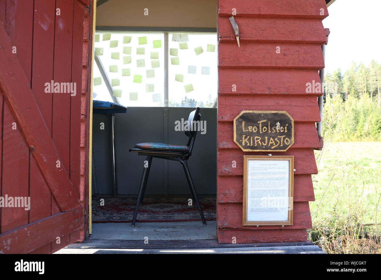 (190903) -- HELSINKI, Sept. 3, 2019 (Xinhua) -- Photo taken on Sept. 1, 2019 shows a tiny museum transformed from a milk platform in Velaatta village near Tampere, southern Finland. The museum used to be a milk platform where Finnish people would hand the full cans of milk and wait for lorries to collect them for the dairy. The museum, open to public free of charge from June 18 to Oct. 1 every year, stands for hard work and social change in Finland.   A question about what happy life is has been raised during an ongoing activity in the museum and visitors wrote down their answers on notes and Stock Photo