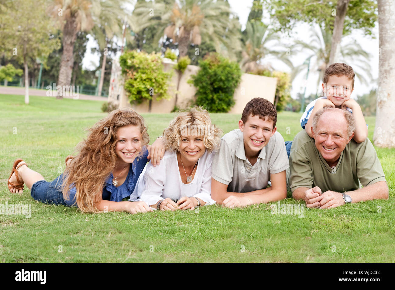 Portrait of a happy family lying down on the green grass in park Stock ...