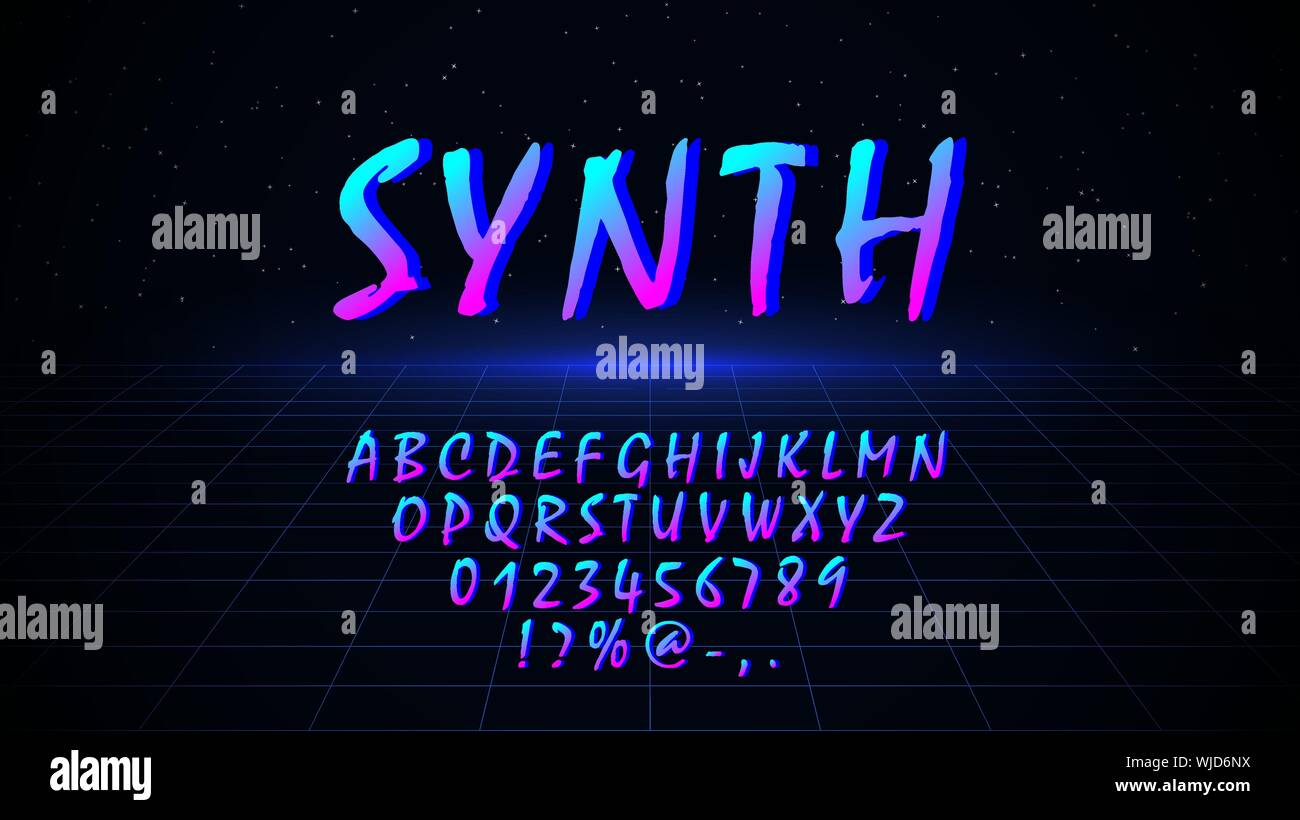 Font in 80s 90s style. Retrowave synthwave vaporwave design letters,  numbers, symbols on dark background with laser grid in starry space.  Vector. Eps Stock Vector Image & Art - Alamy