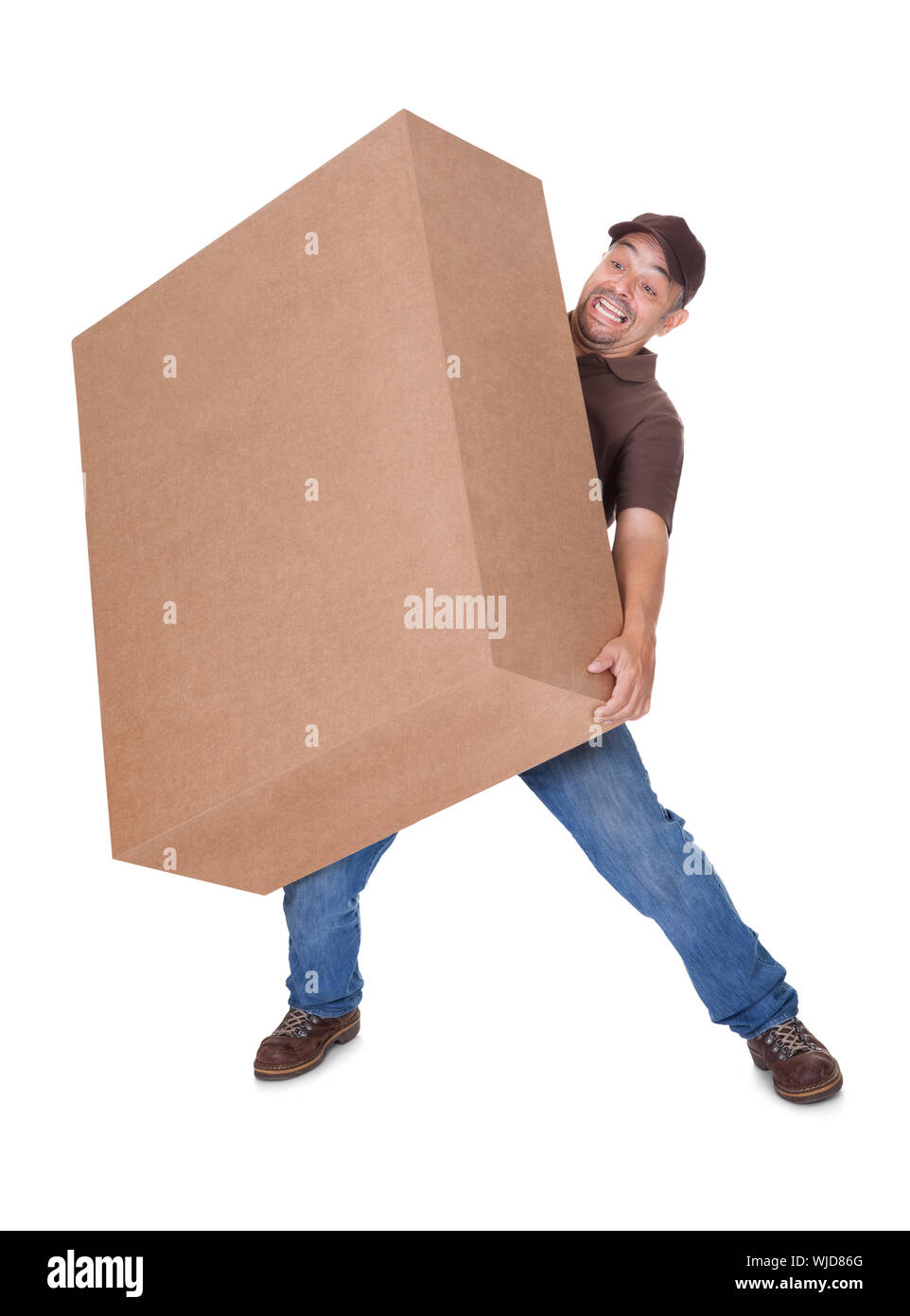 Delivery Man Carrying Heavy Box On White Background Stock Photo Alamy
